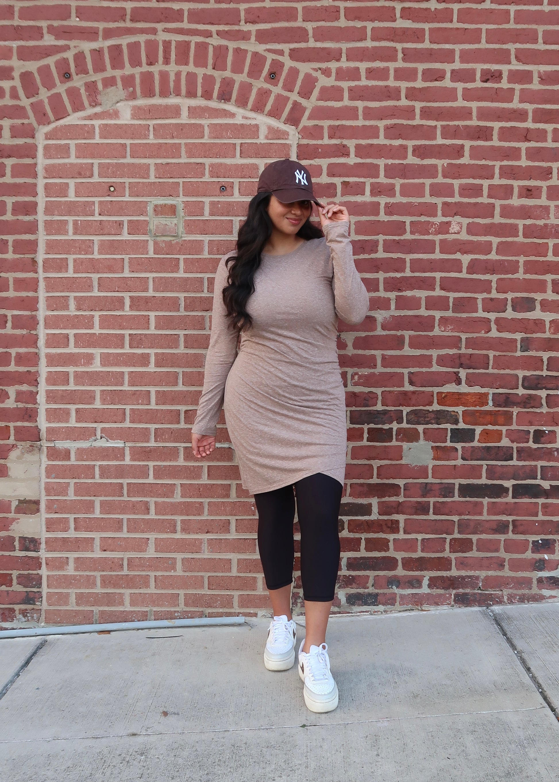 light brown long sleeve mini dress, long top, ruched side, scoop neck