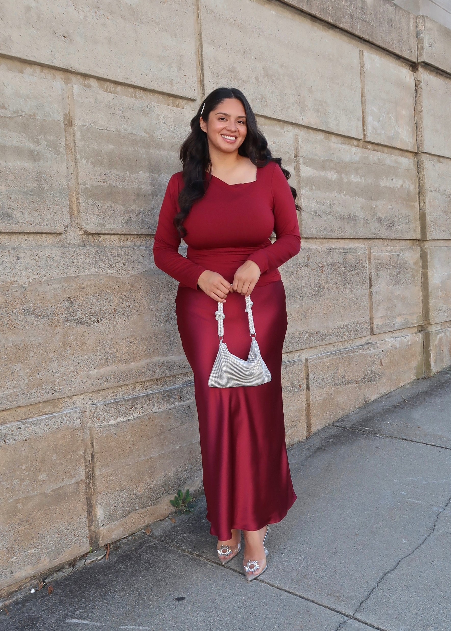 Burgundy long sleeve cut out asymmetrical top