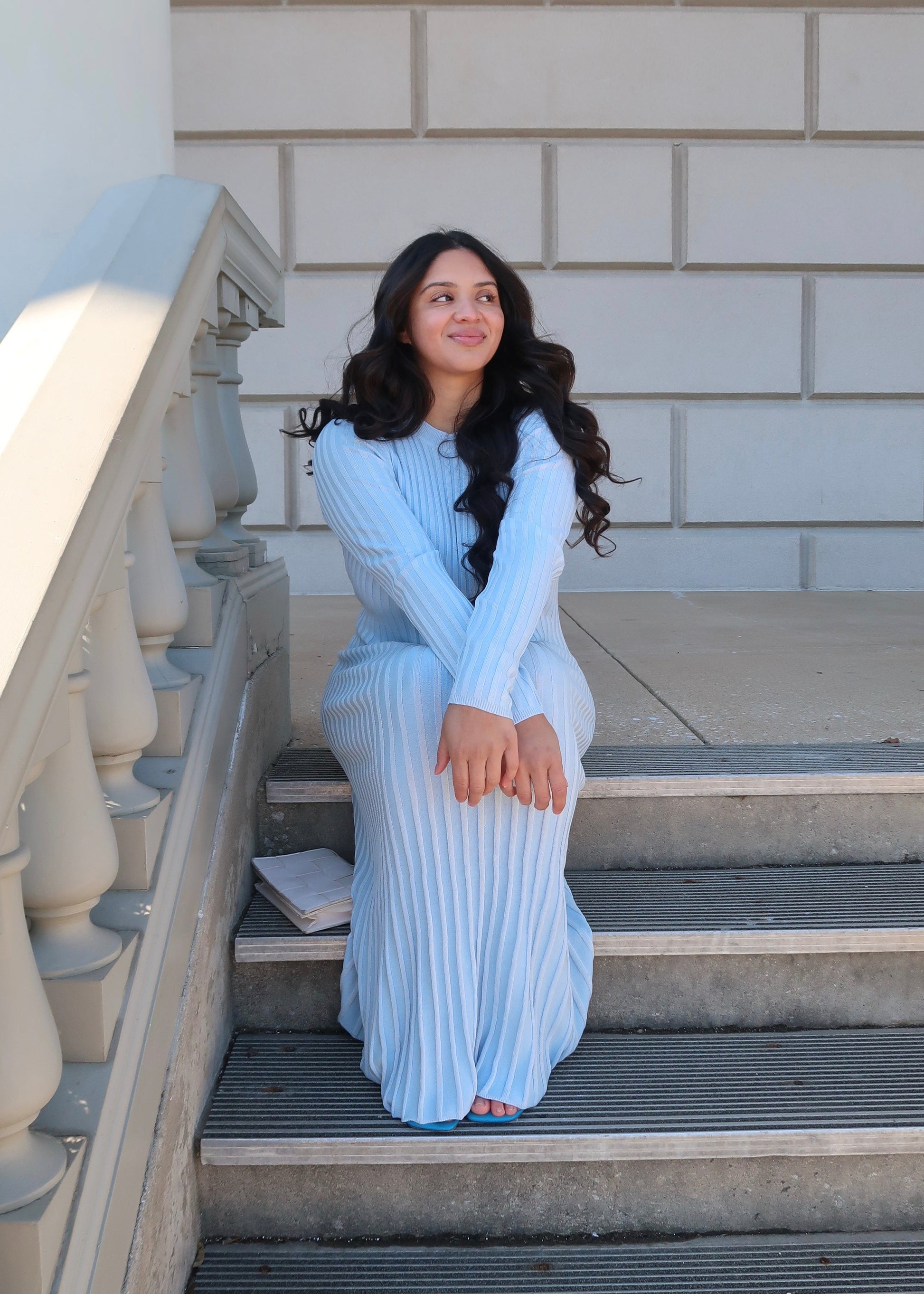 long sleeve ribbed maxi sky blue dress