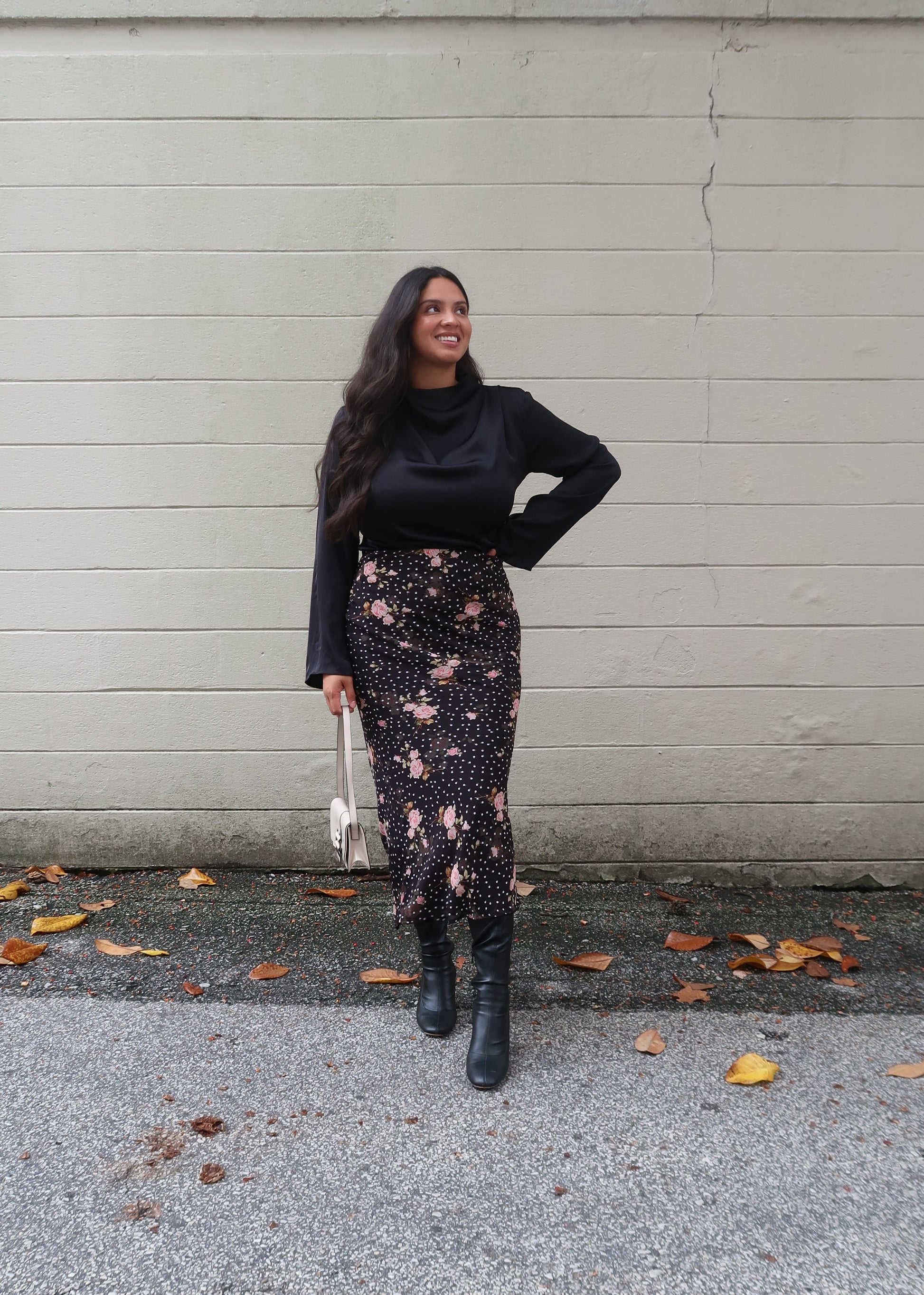 black pink floral maxi skirt