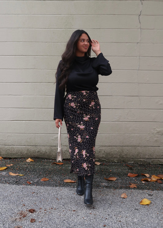 black pink floral maxi skirt