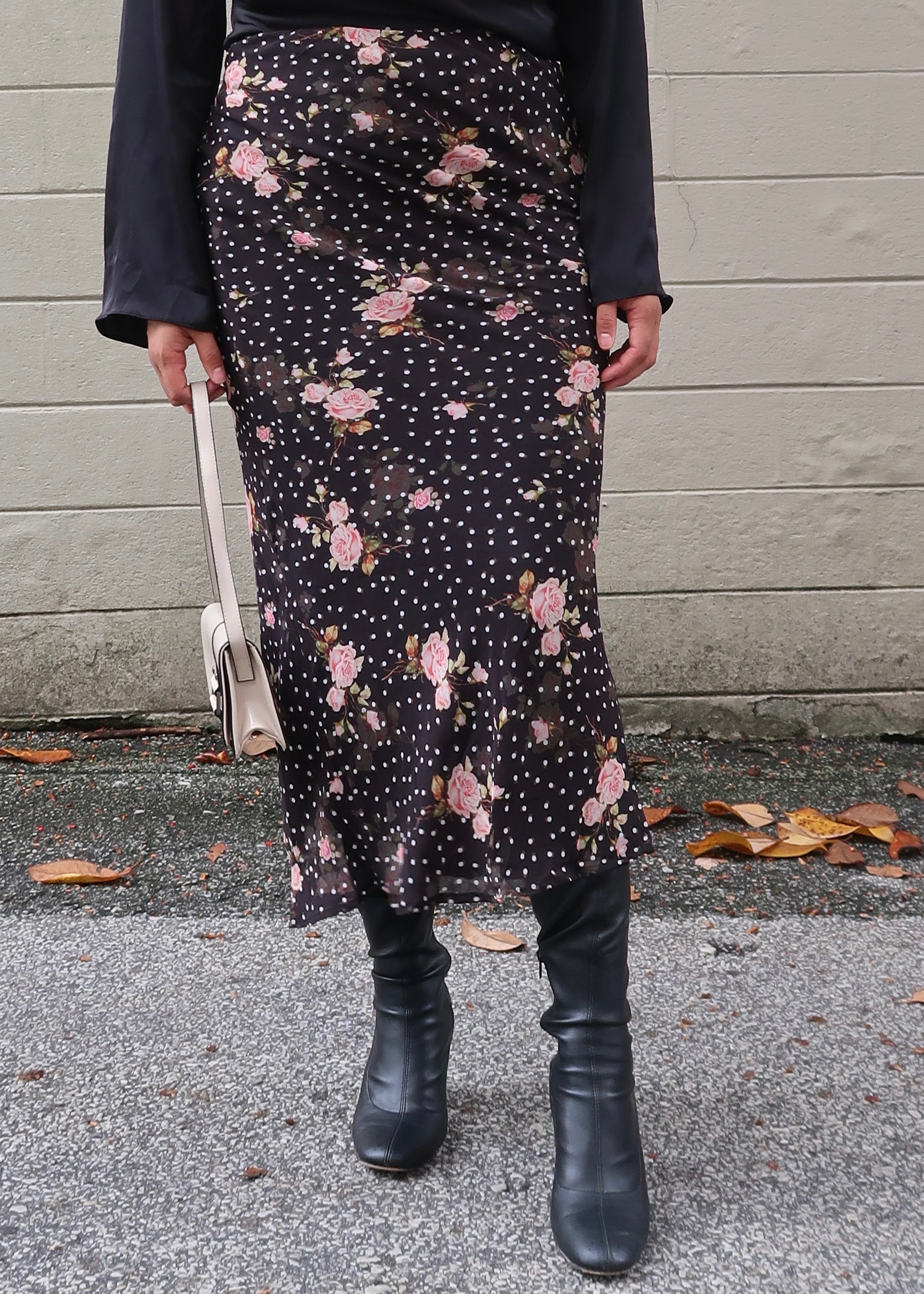 black pink floral maxi skirt