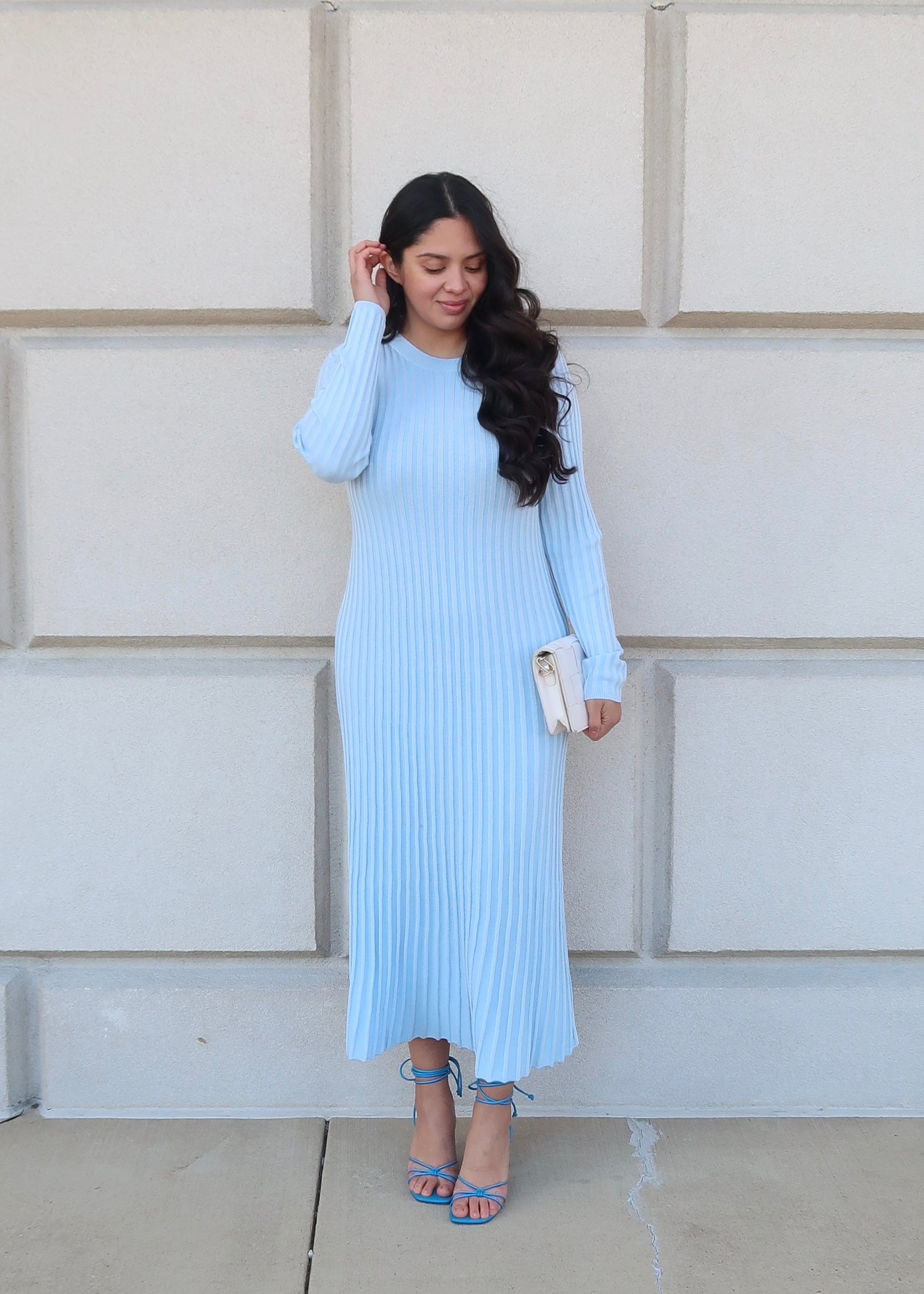 long sleeve ribbed maxi sky blue dress