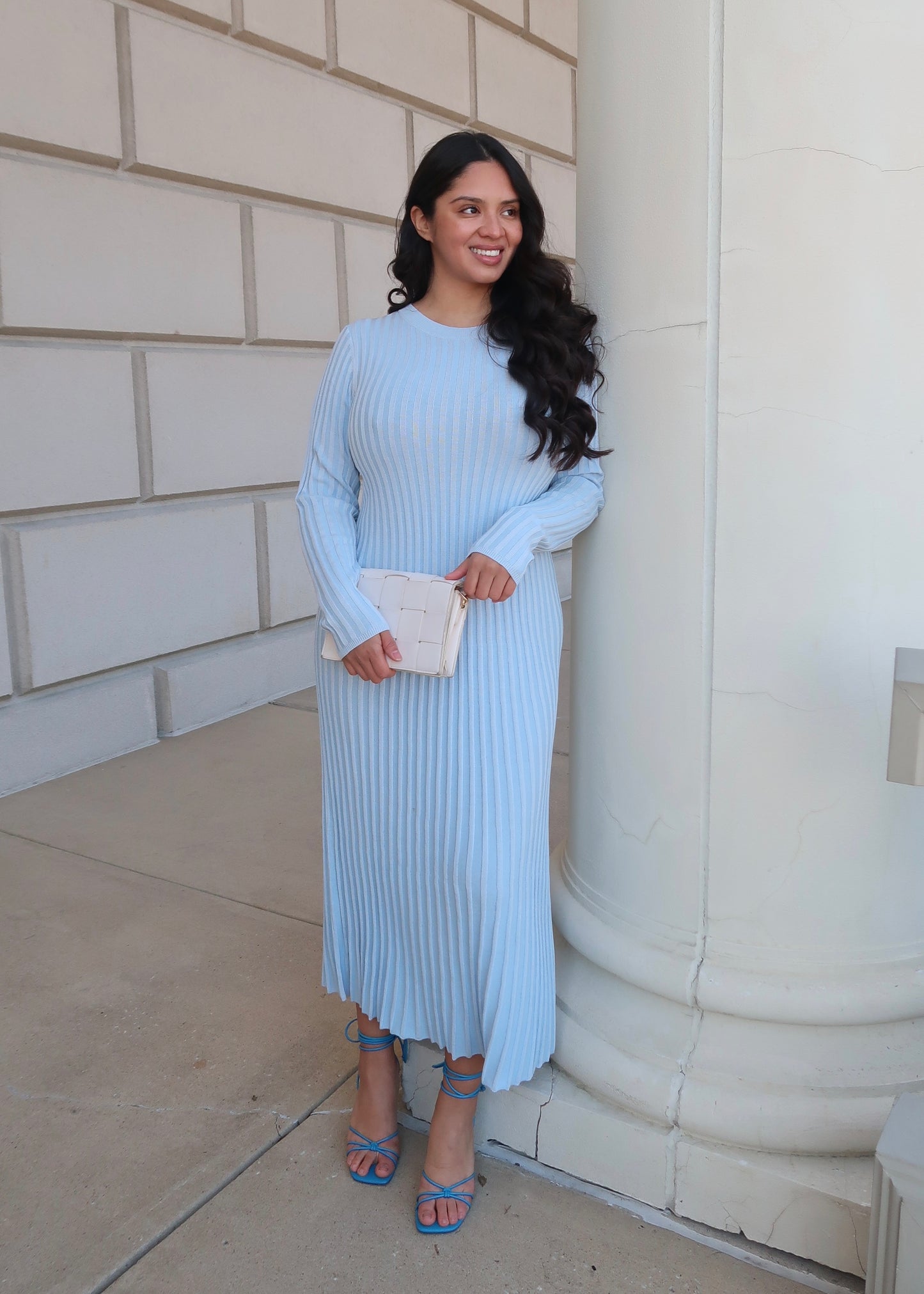 long sleeve ribbed maxi sky blue dress
