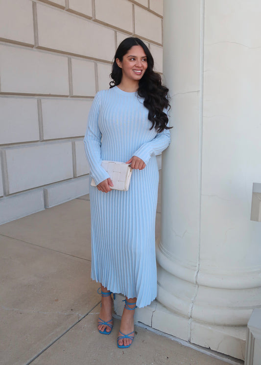 long sleeve ribbed maxi sky blue dress