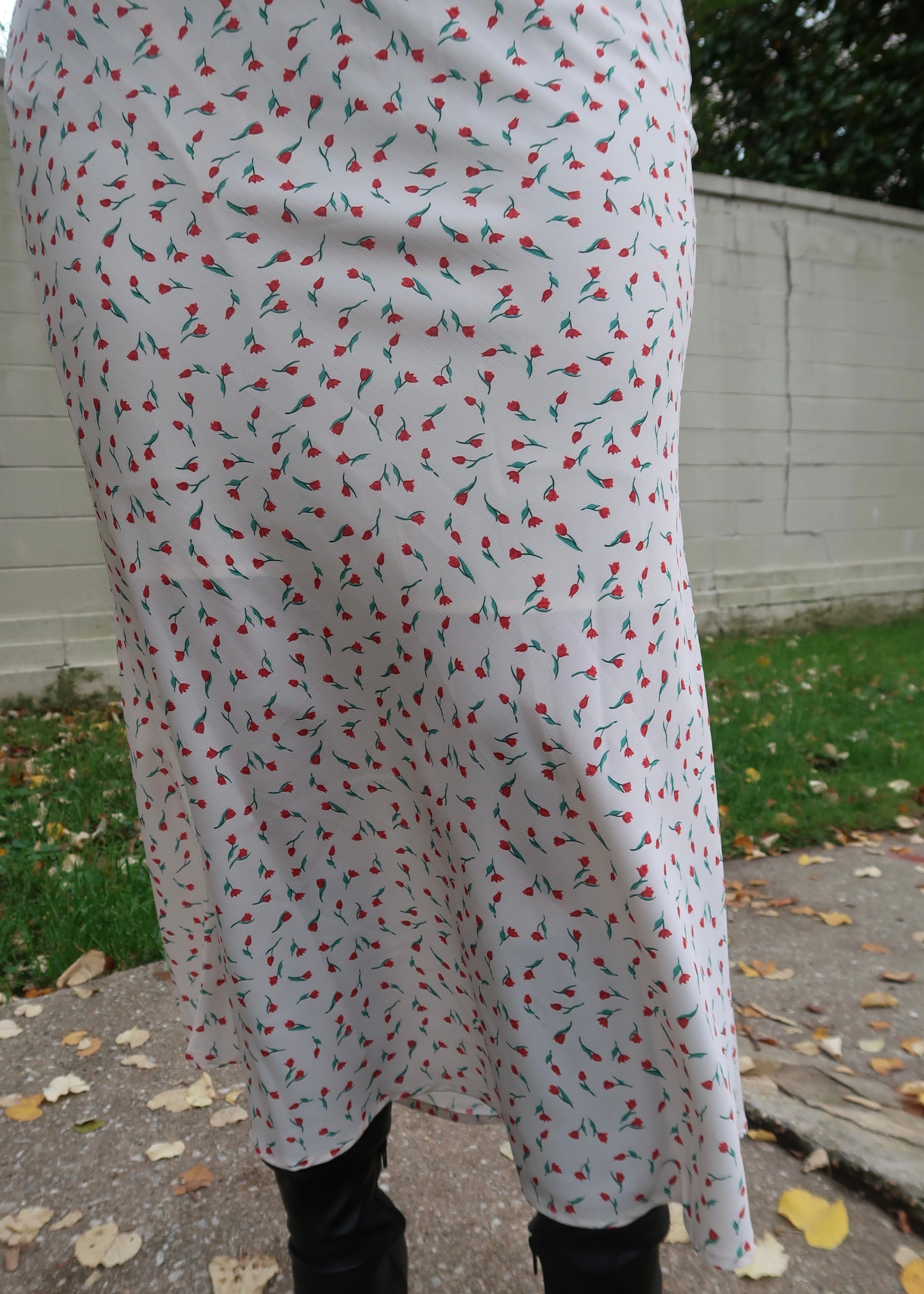 off white, cream, red floral maxi skirt