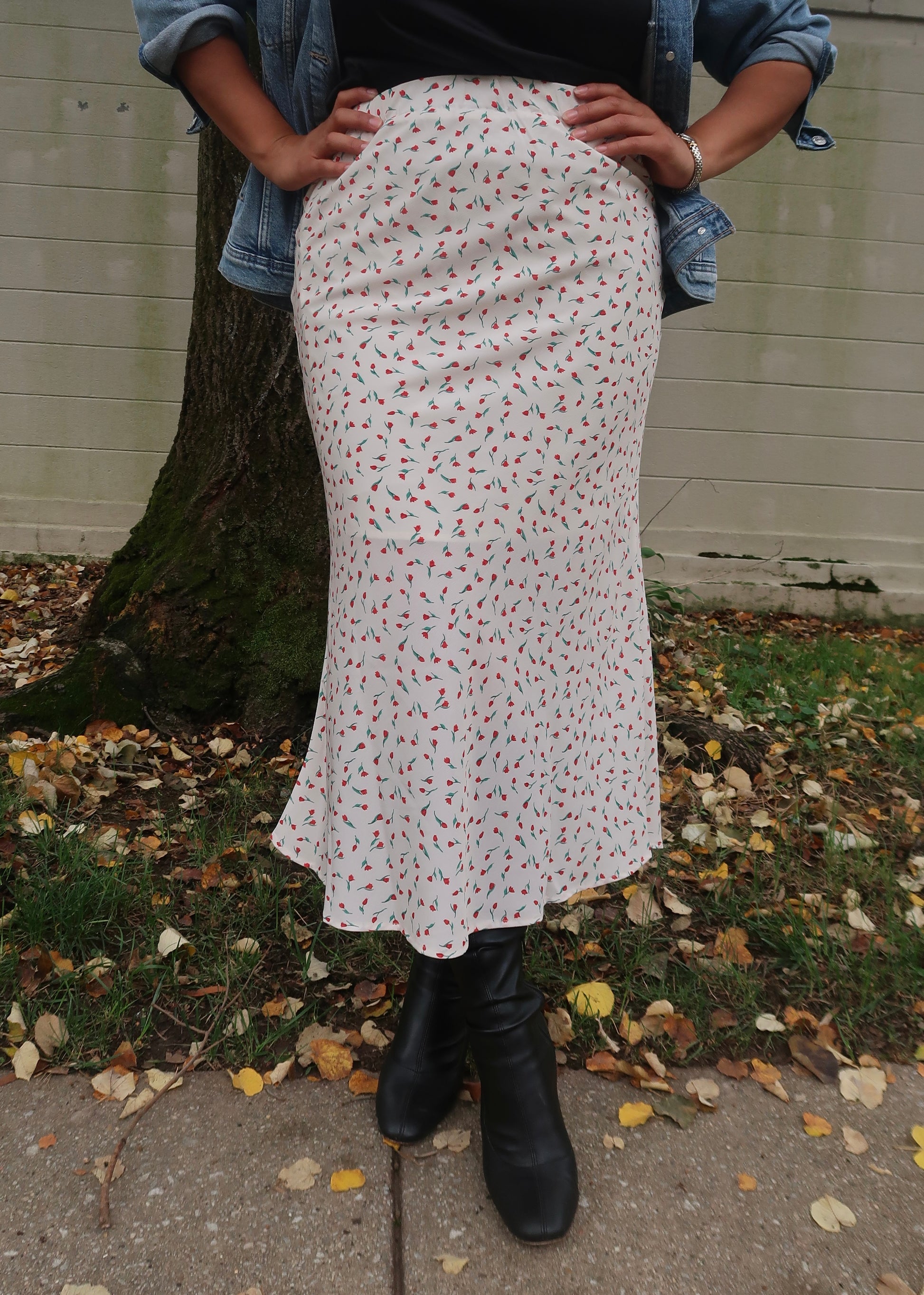 off white, cream, red floral maxi skirt