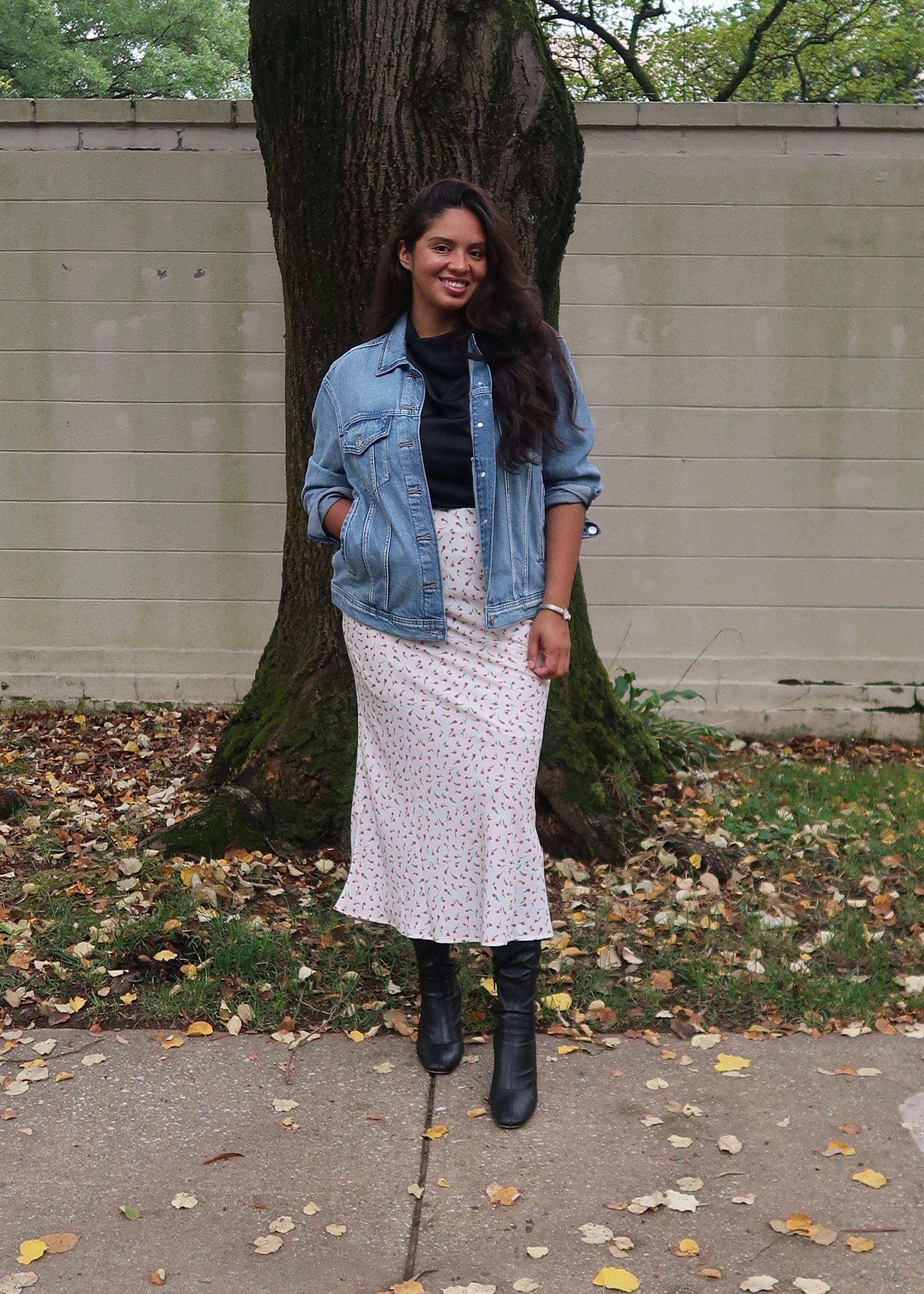 off white, cream, red floral maxi skirt