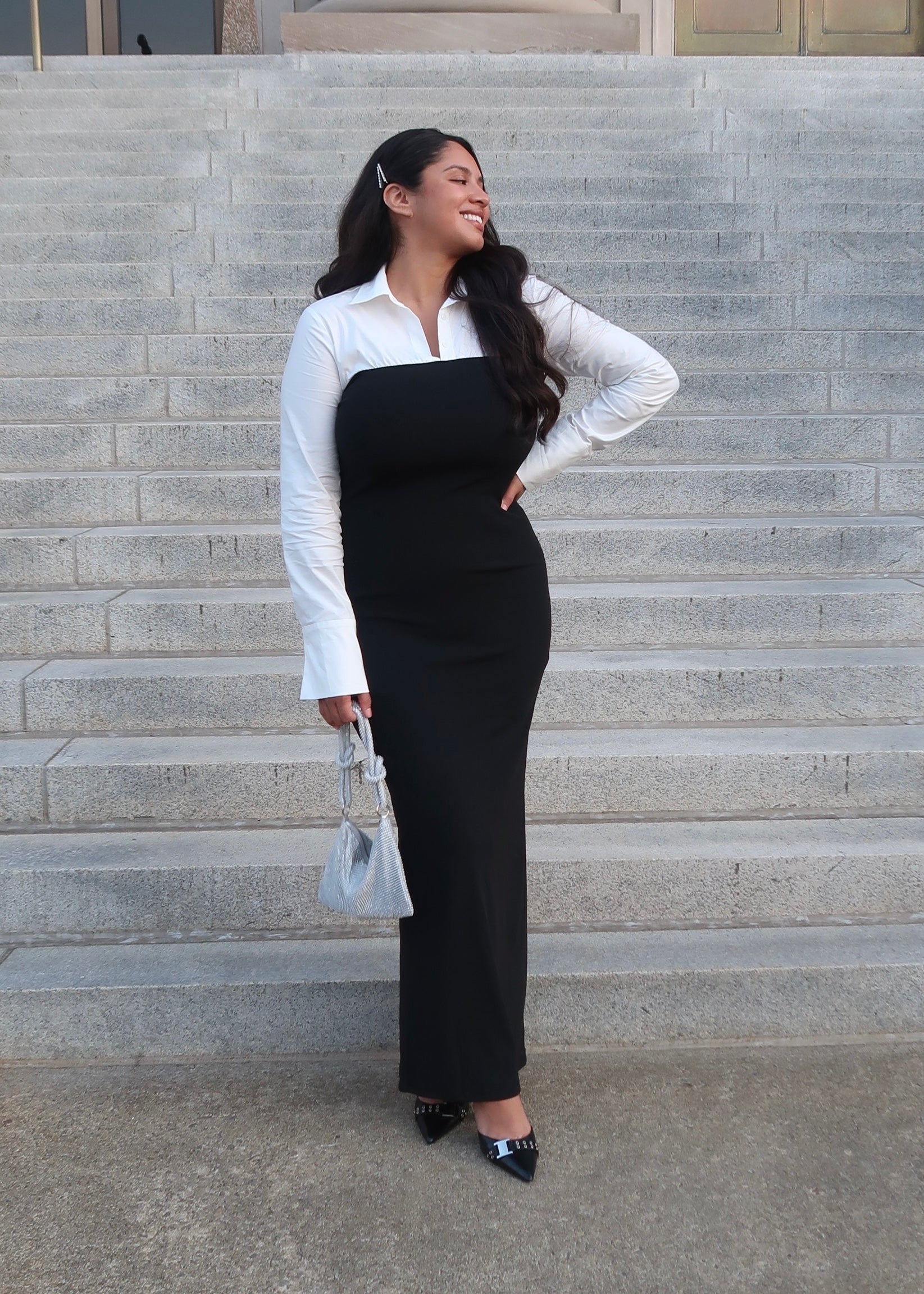 Ribbed knit black shirting detail long sleeve dress, collared, dress shirt, white, maxi 