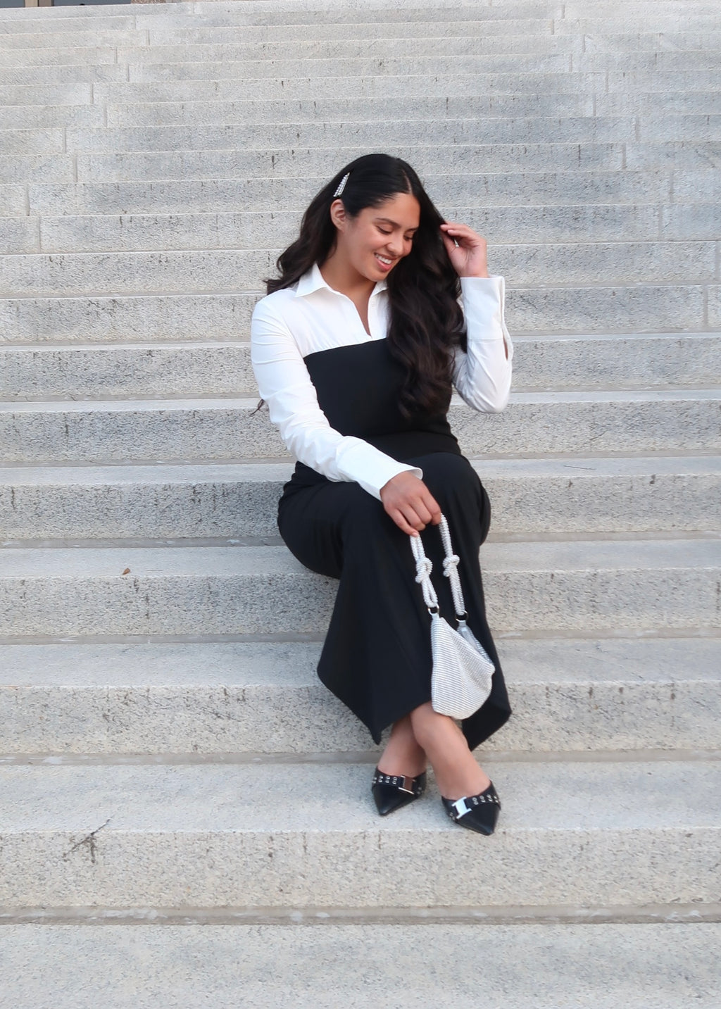 Ribbed knit black shirting detail long sleeve dress, collared, dress shirt, white, maxi 