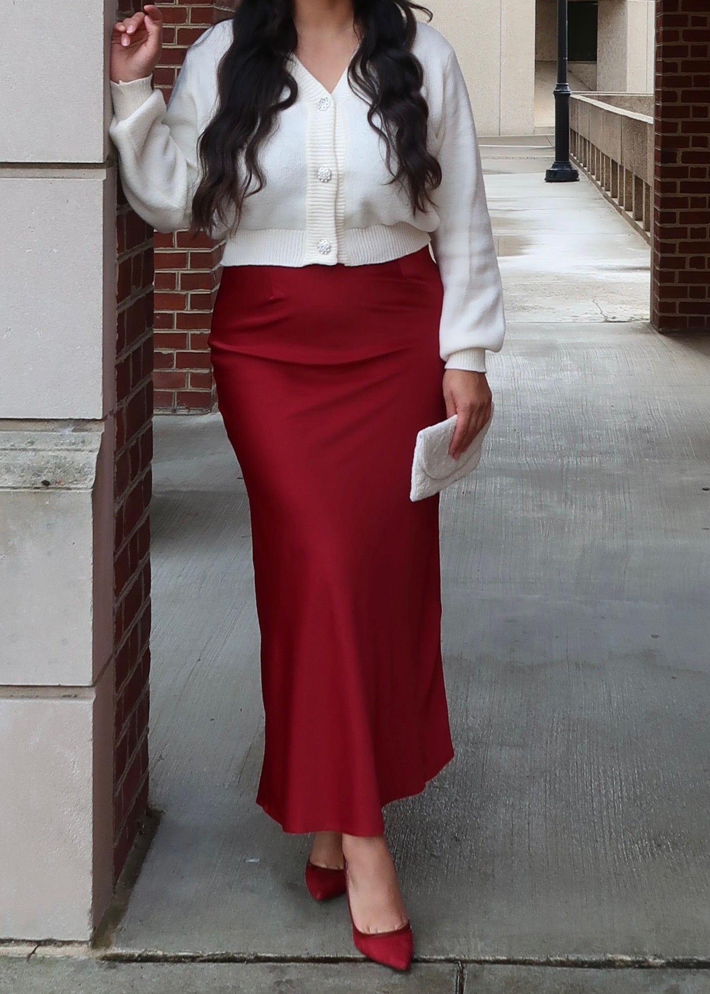 red maxi skirt satin