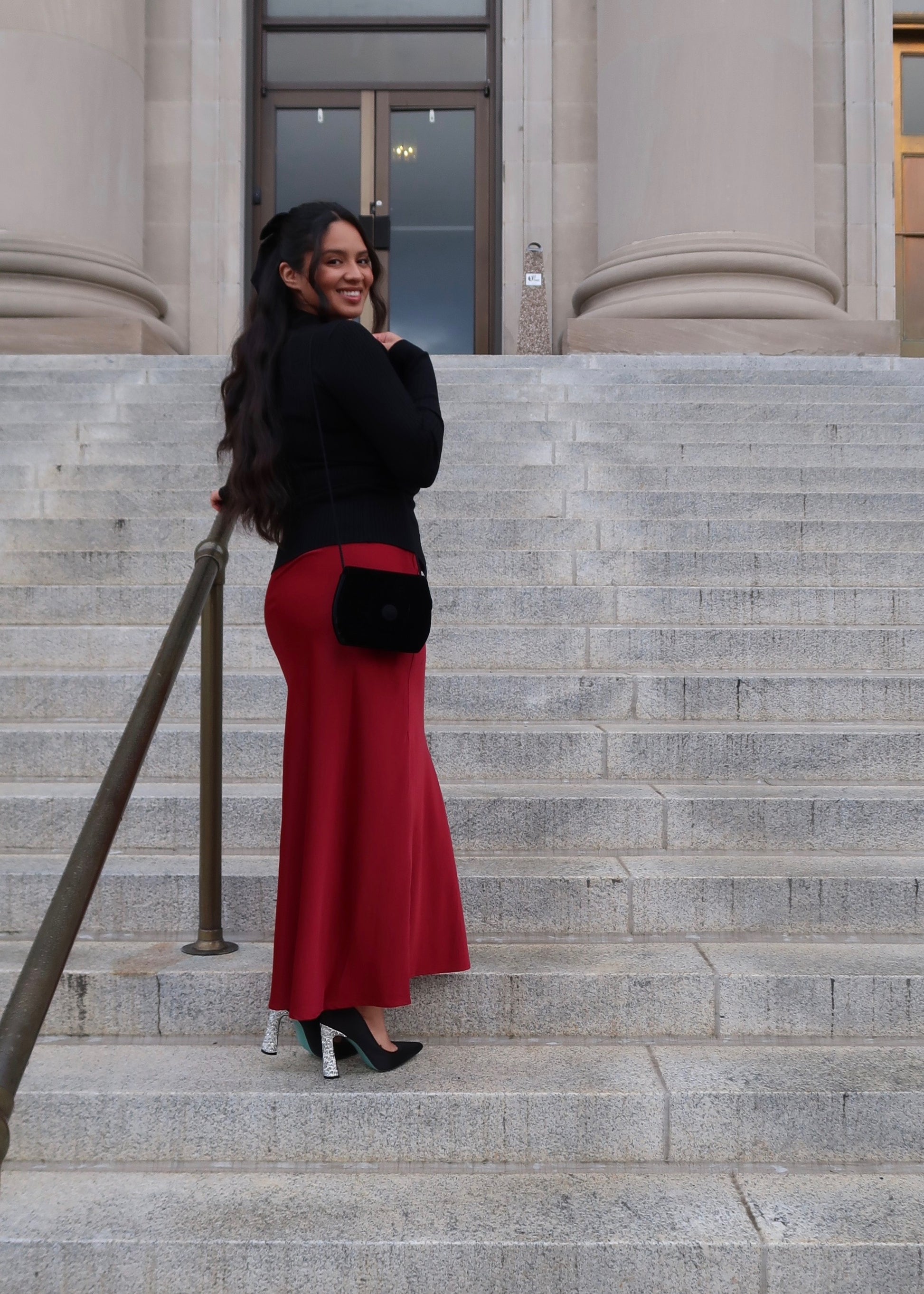 red maxi skirt satin