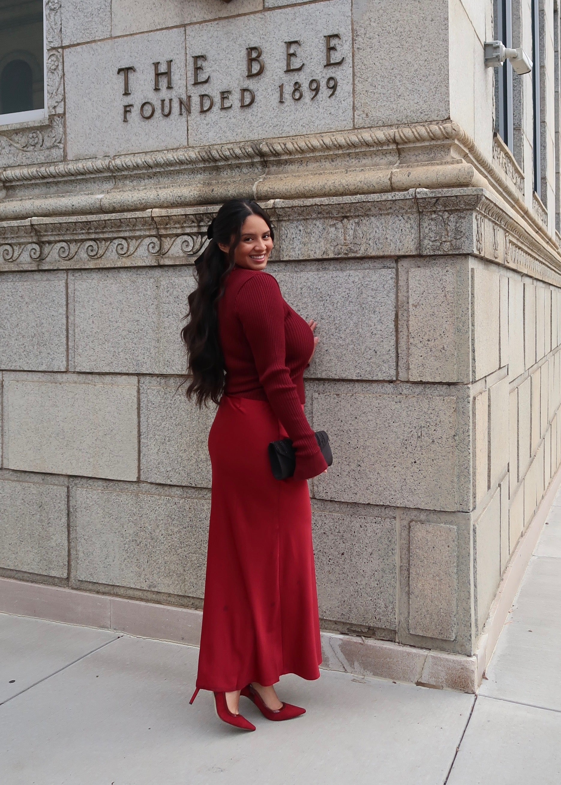 red maxi skirt satin