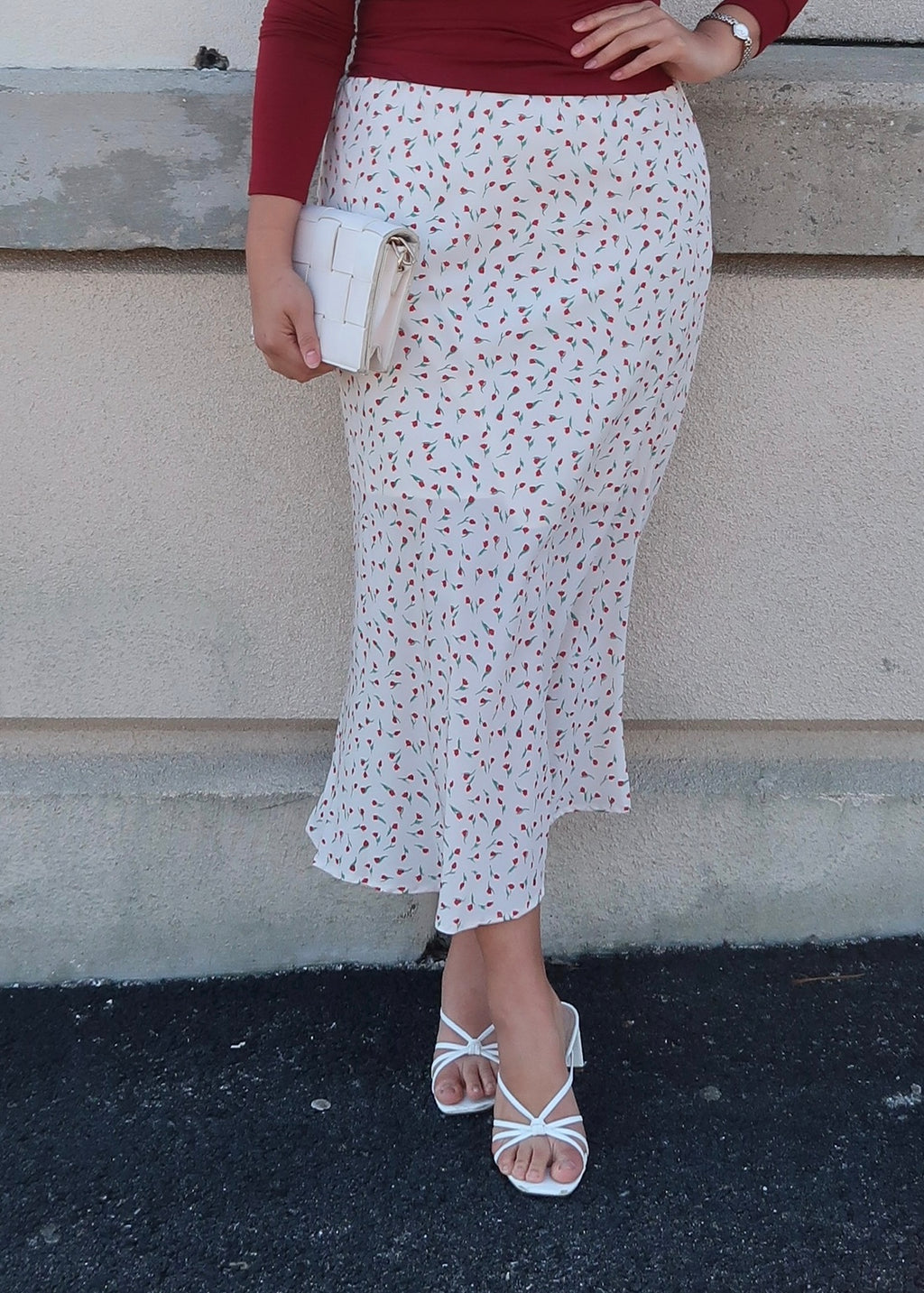 off white, cream, red floral maxi skirt
