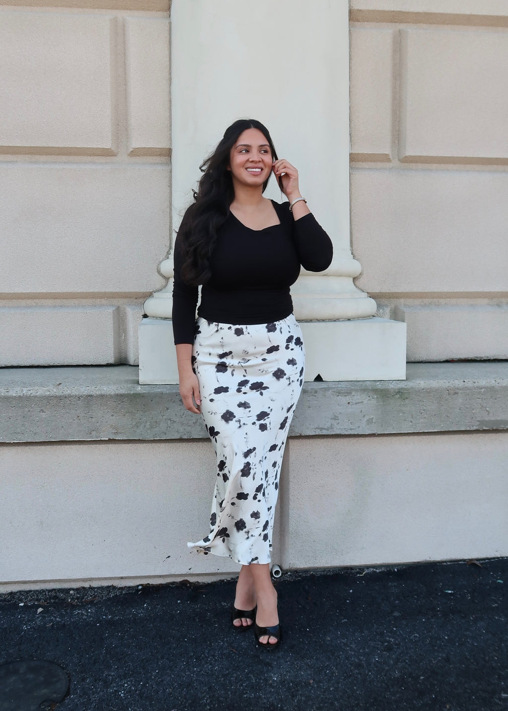 cream and black floral satin midi skirt 