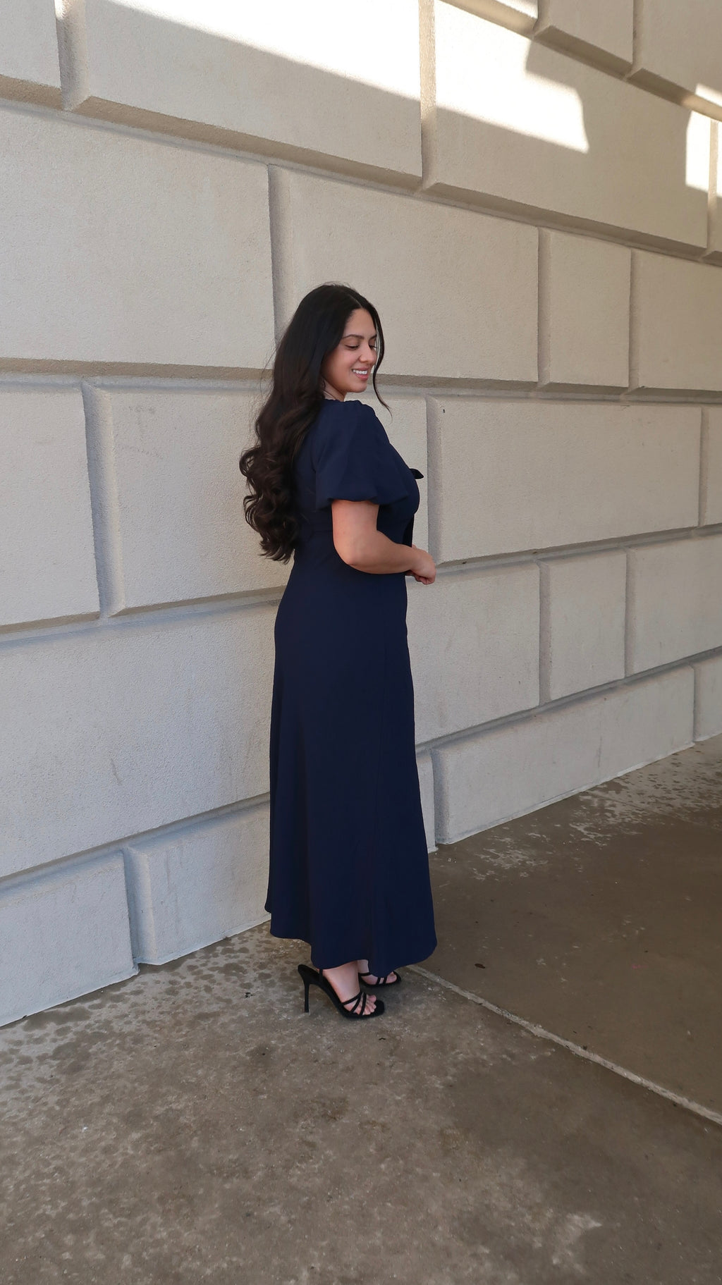 Navy blue maxi dress, puff short sleeves, v-neck, bow tie, maxi length