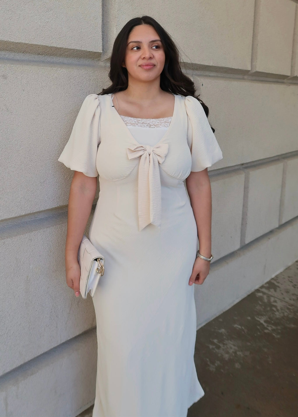 beige maxi dress, short puff sleeves, v-neck, bow tie, maxi length