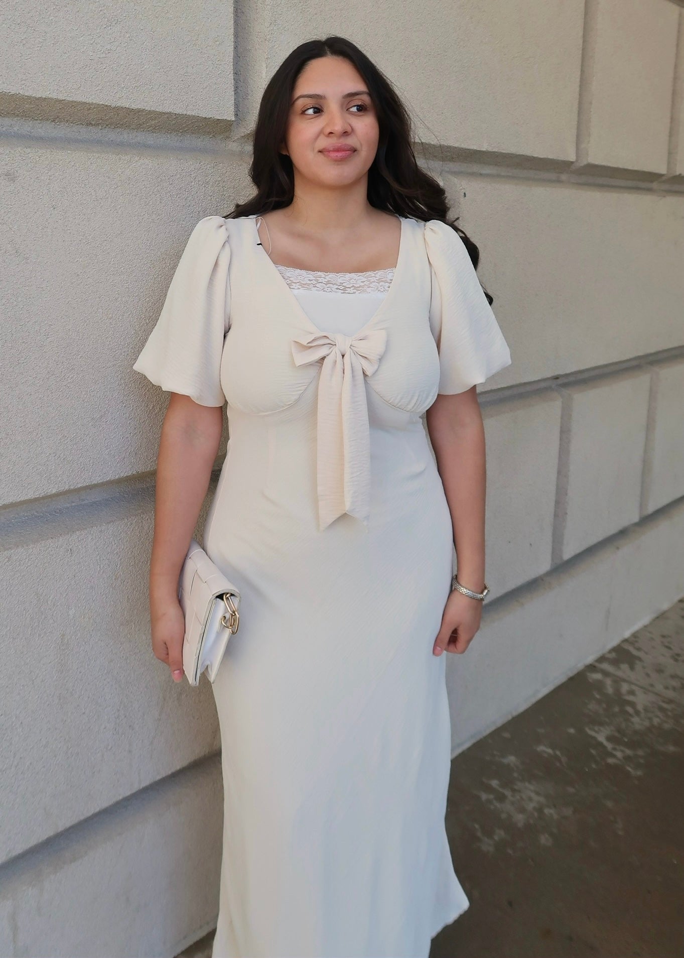 beige maxi dress, short puff sleeves, v-neck, bow tie, maxi length