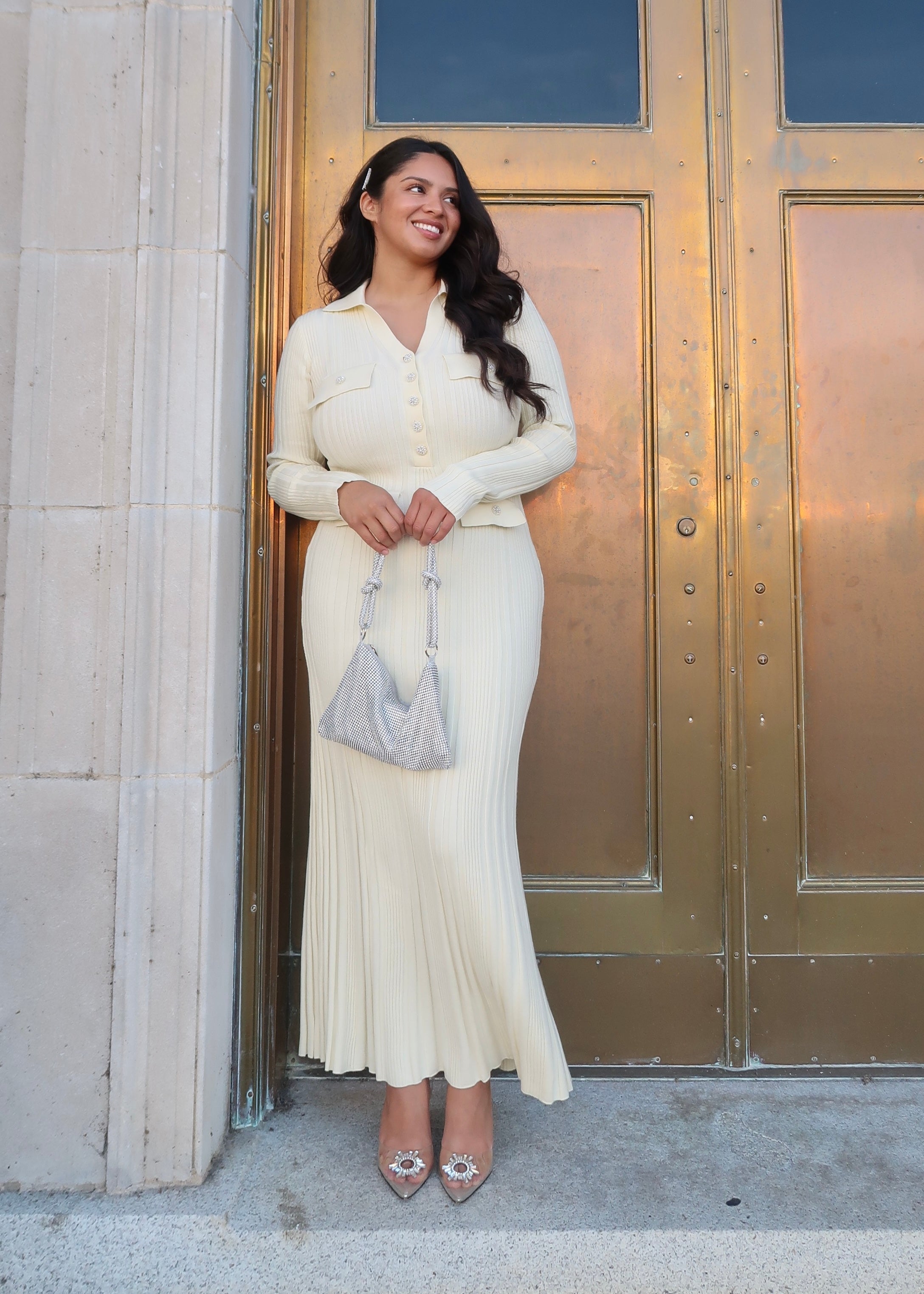 Cream ribbed maxi dress, long sleeve, v-neck, collared, pockets, 