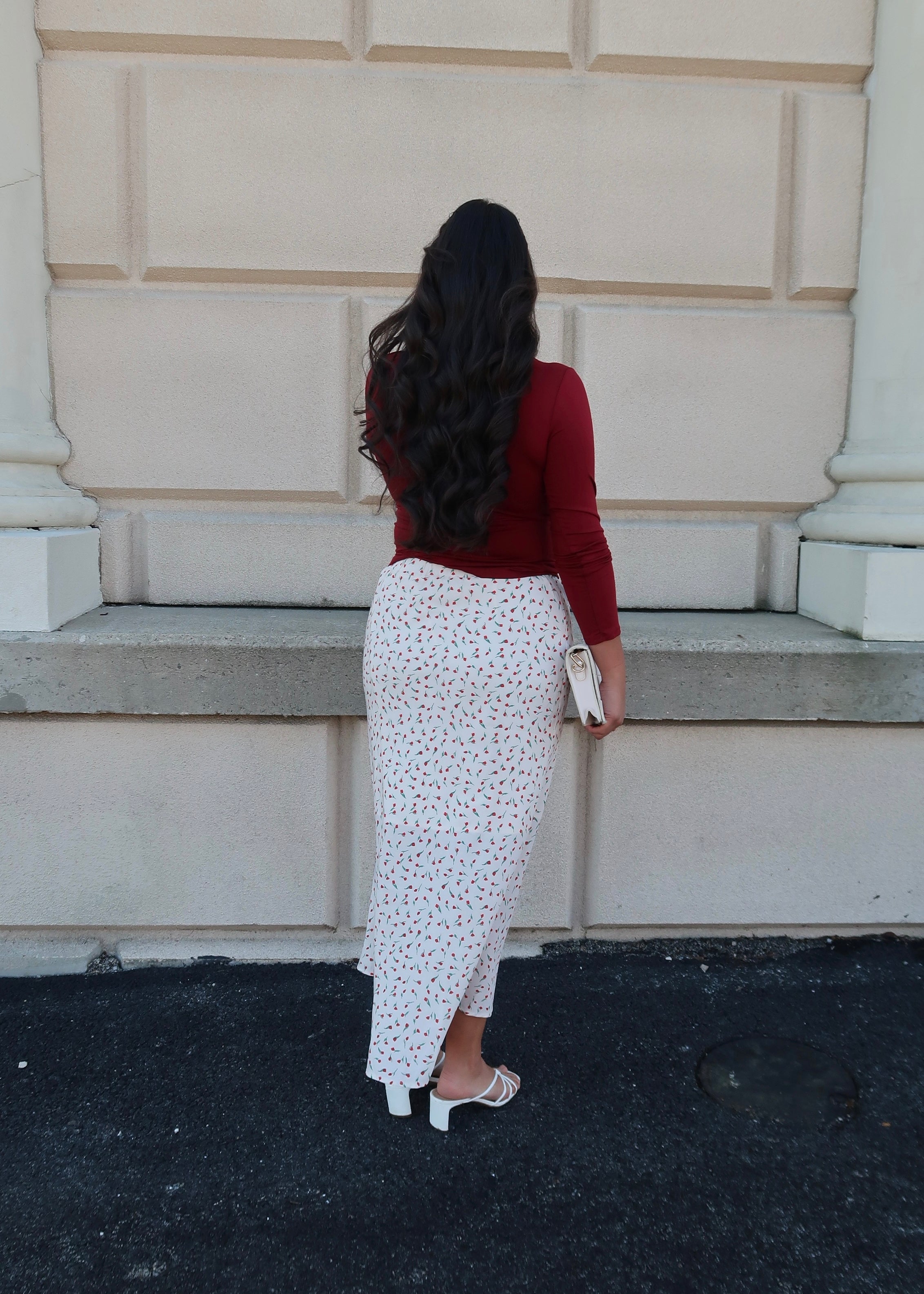 off white, cream, red floral maxi skirt