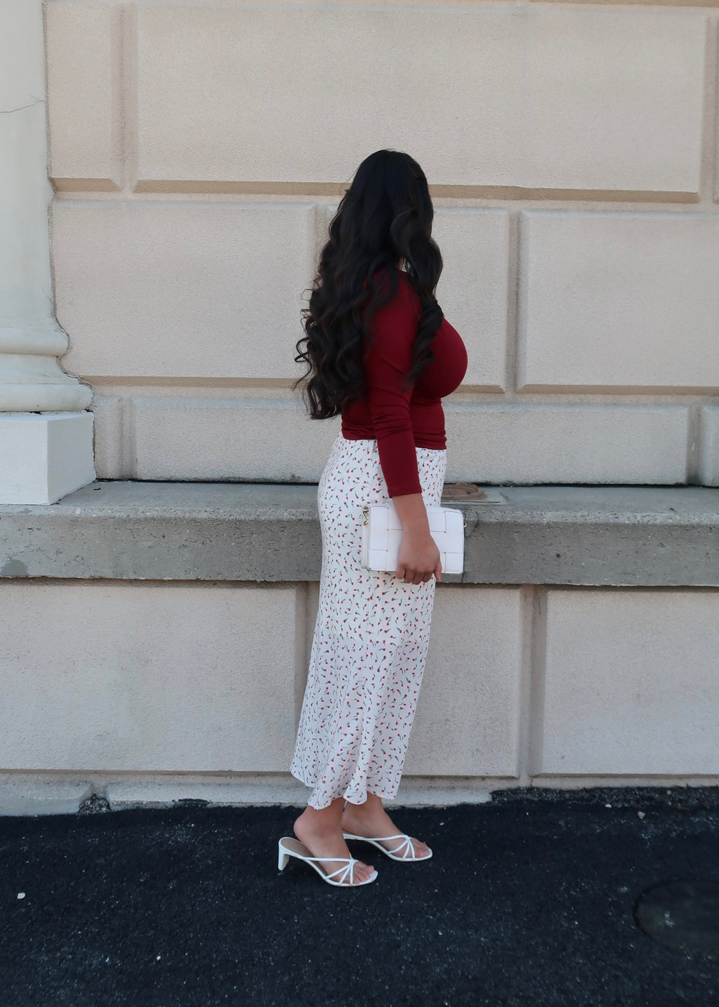 off white, cream, red floral maxi skirt