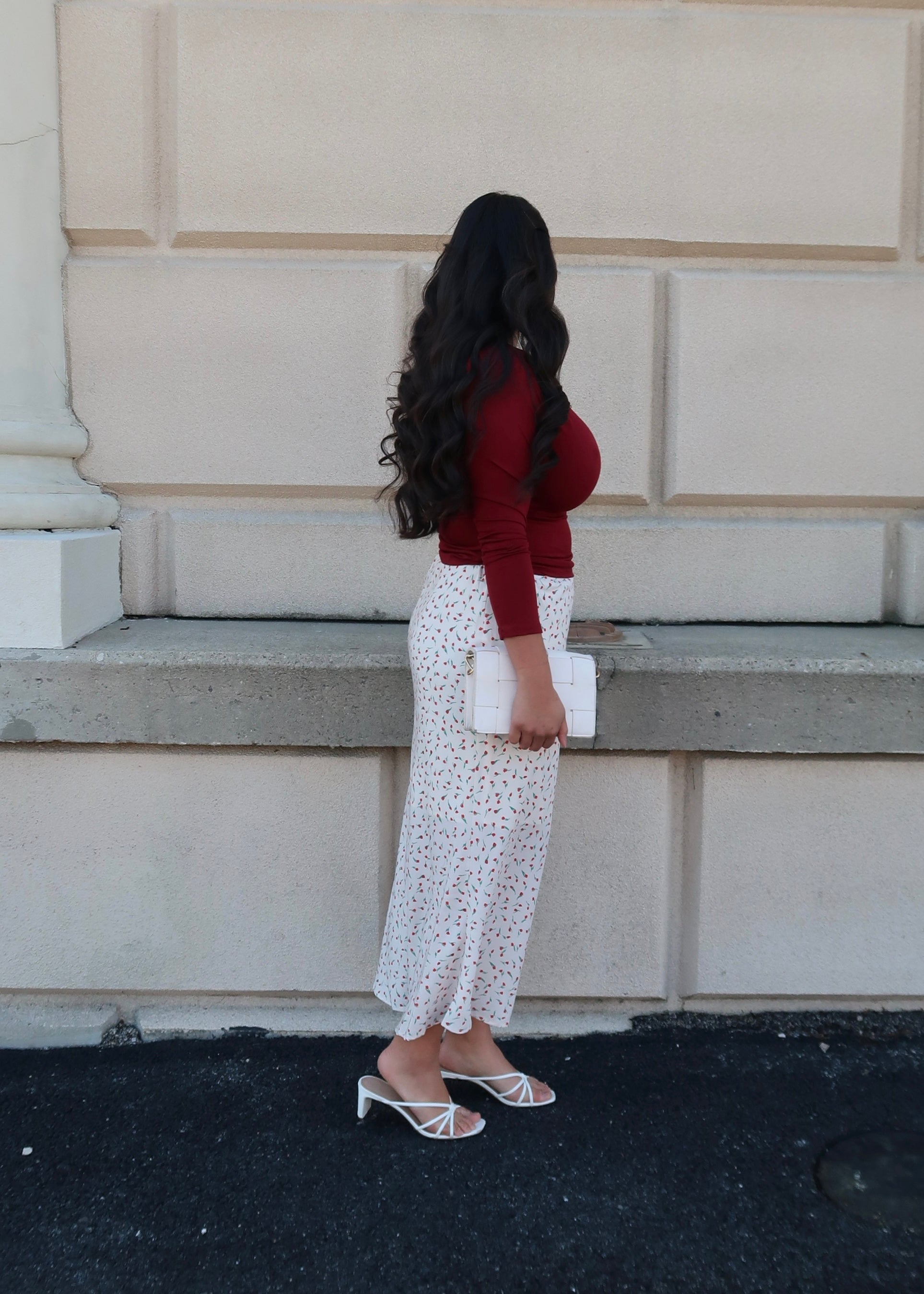 off white, cream, red floral maxi skirt