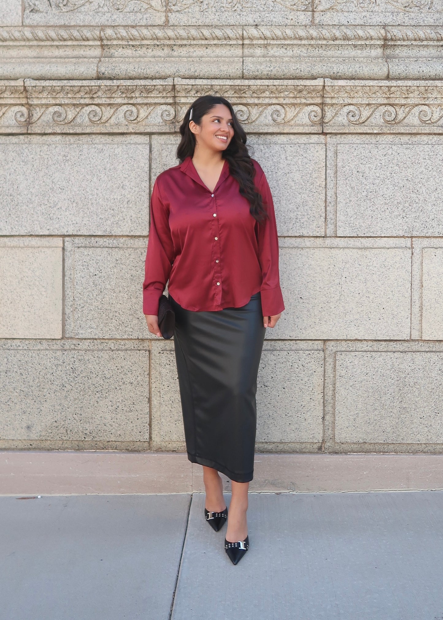 Burgundy long sleeve collared satin blouse