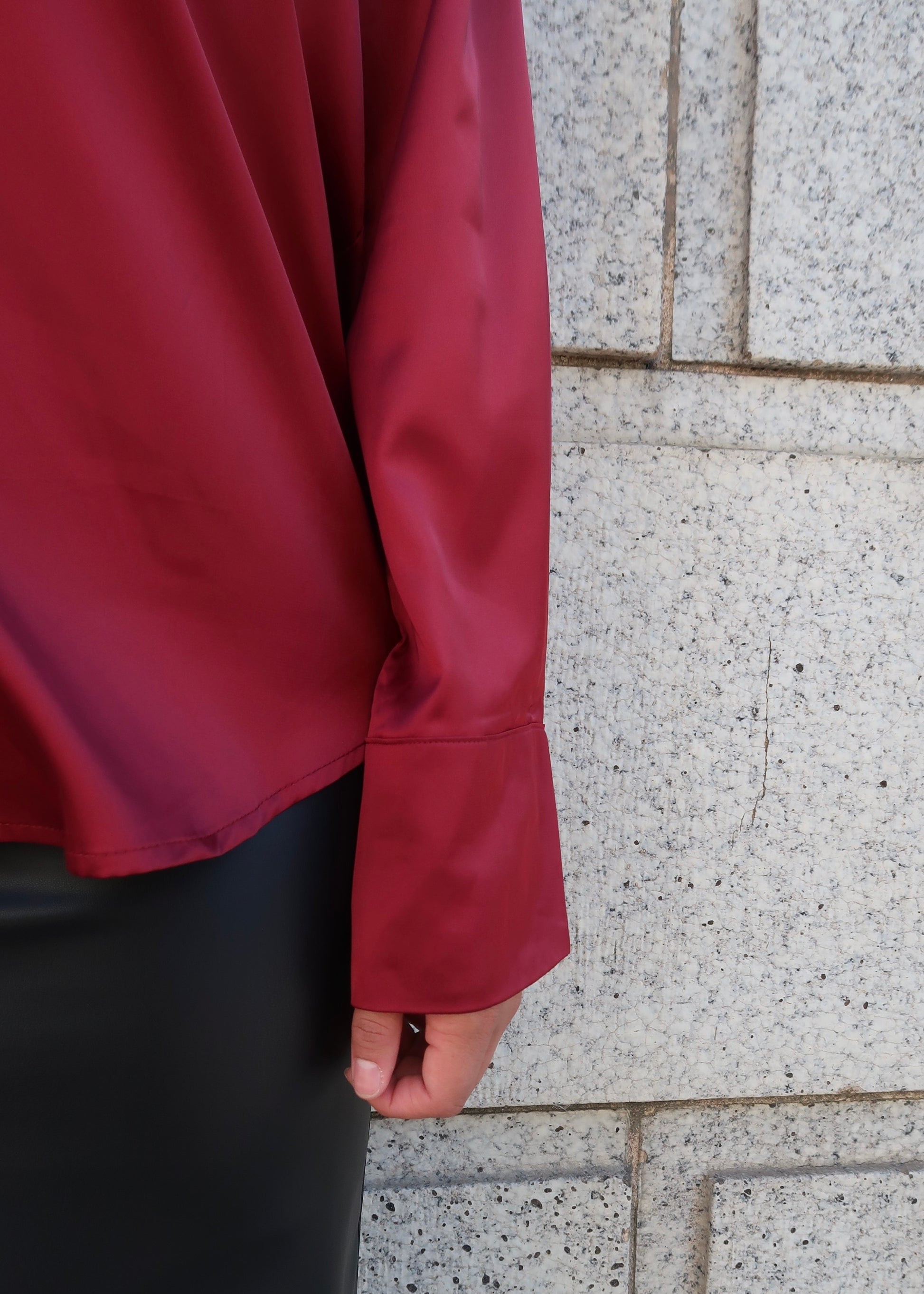 Burgundy long sleeve collared satin blouse