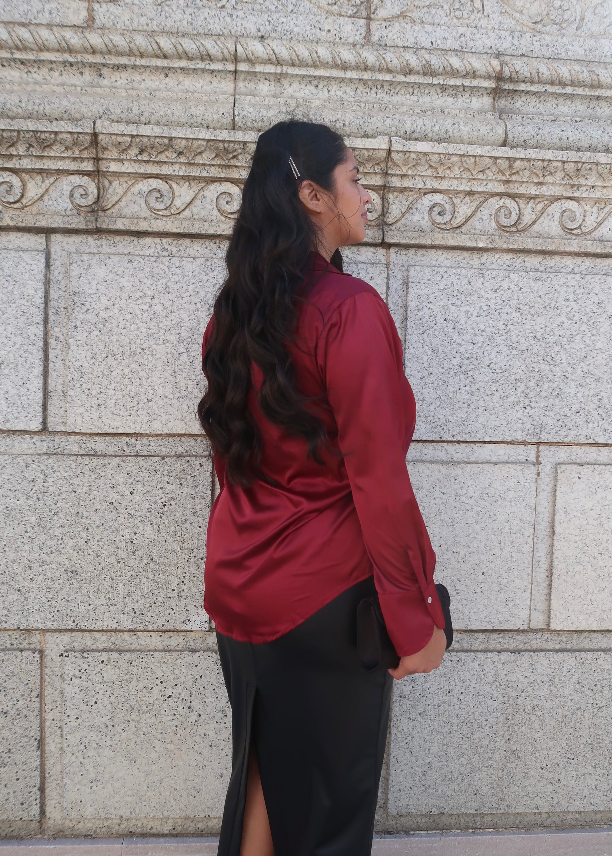 Burgundy long sleeve collared satin blouse