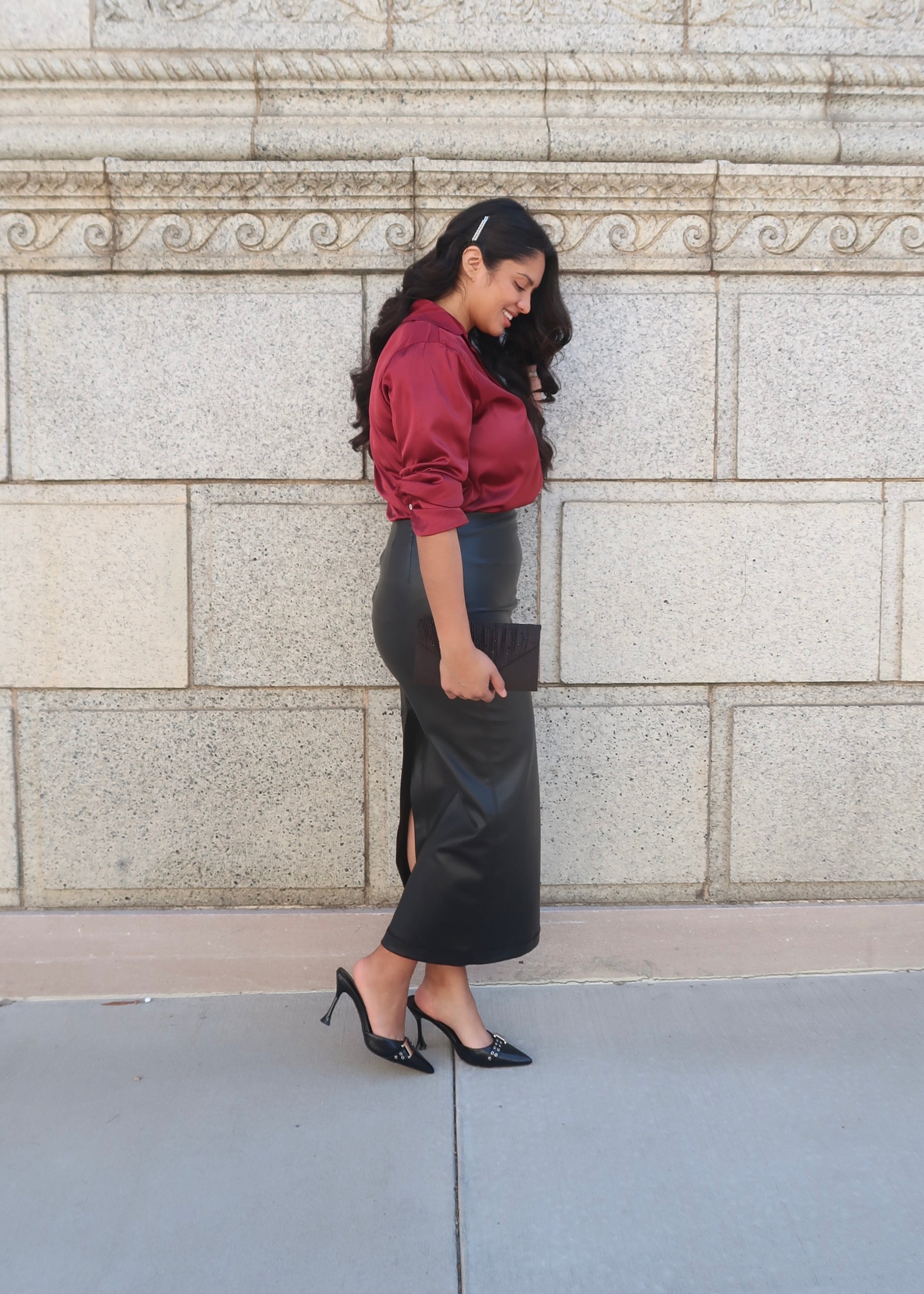 Burgundy long sleeve collared satin blouse