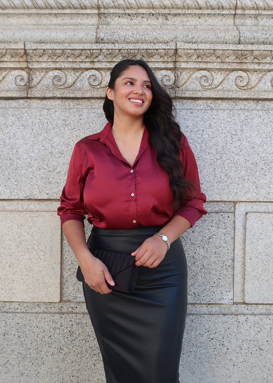 Burgundy long sleeve collared satin blouse