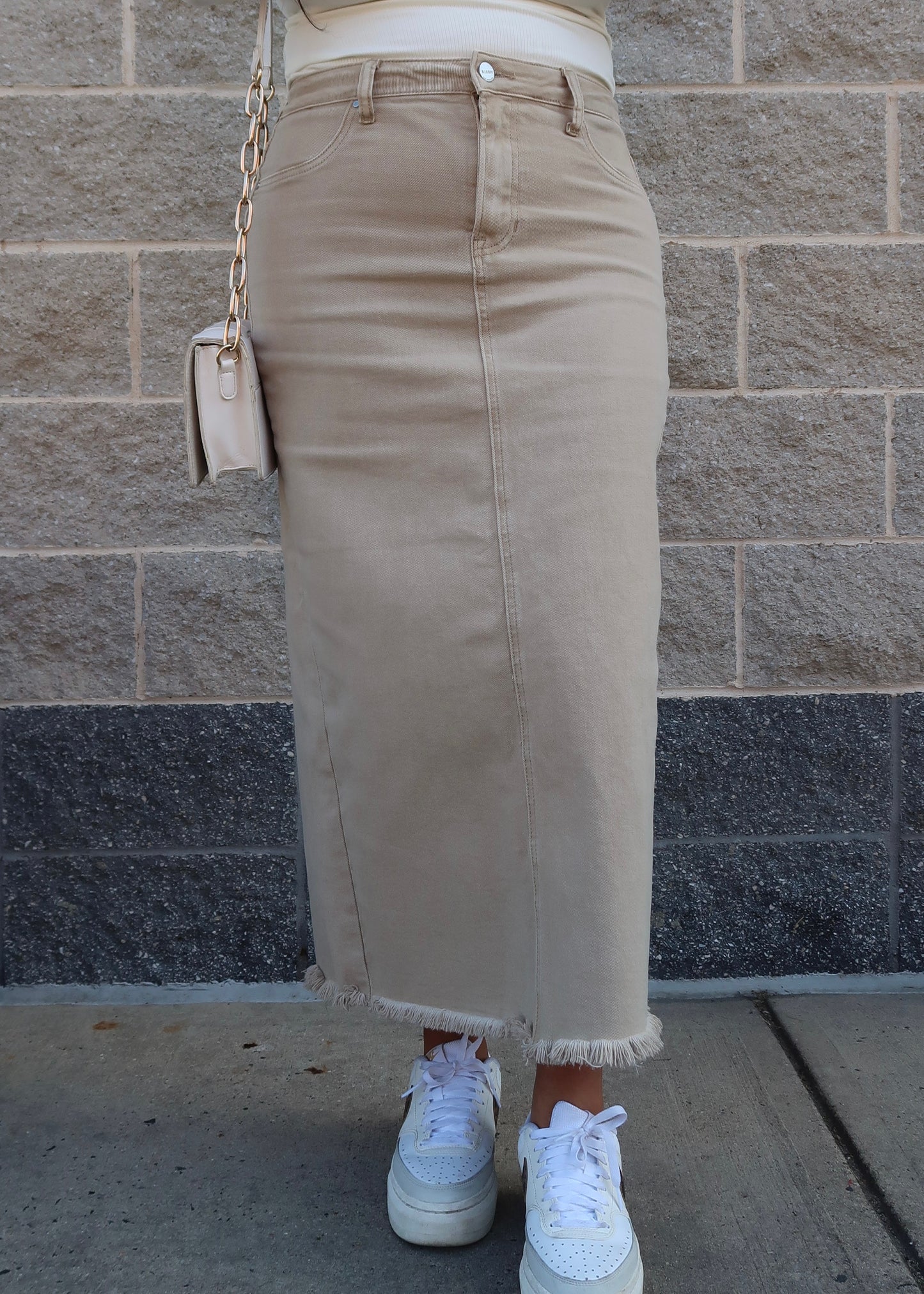 sand light denim maxi skirt slit