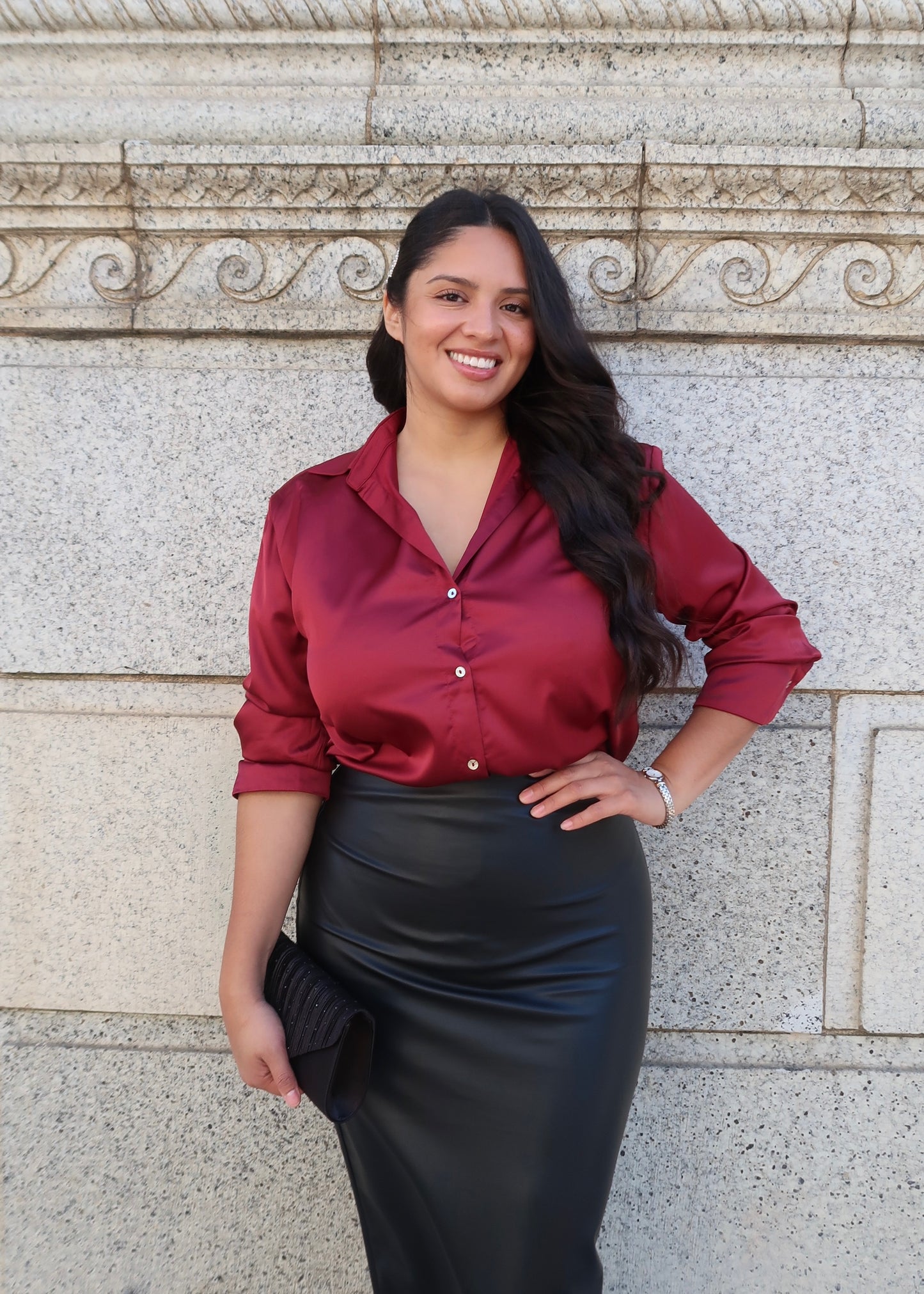 Burgundy long sleeve collared satin blouse