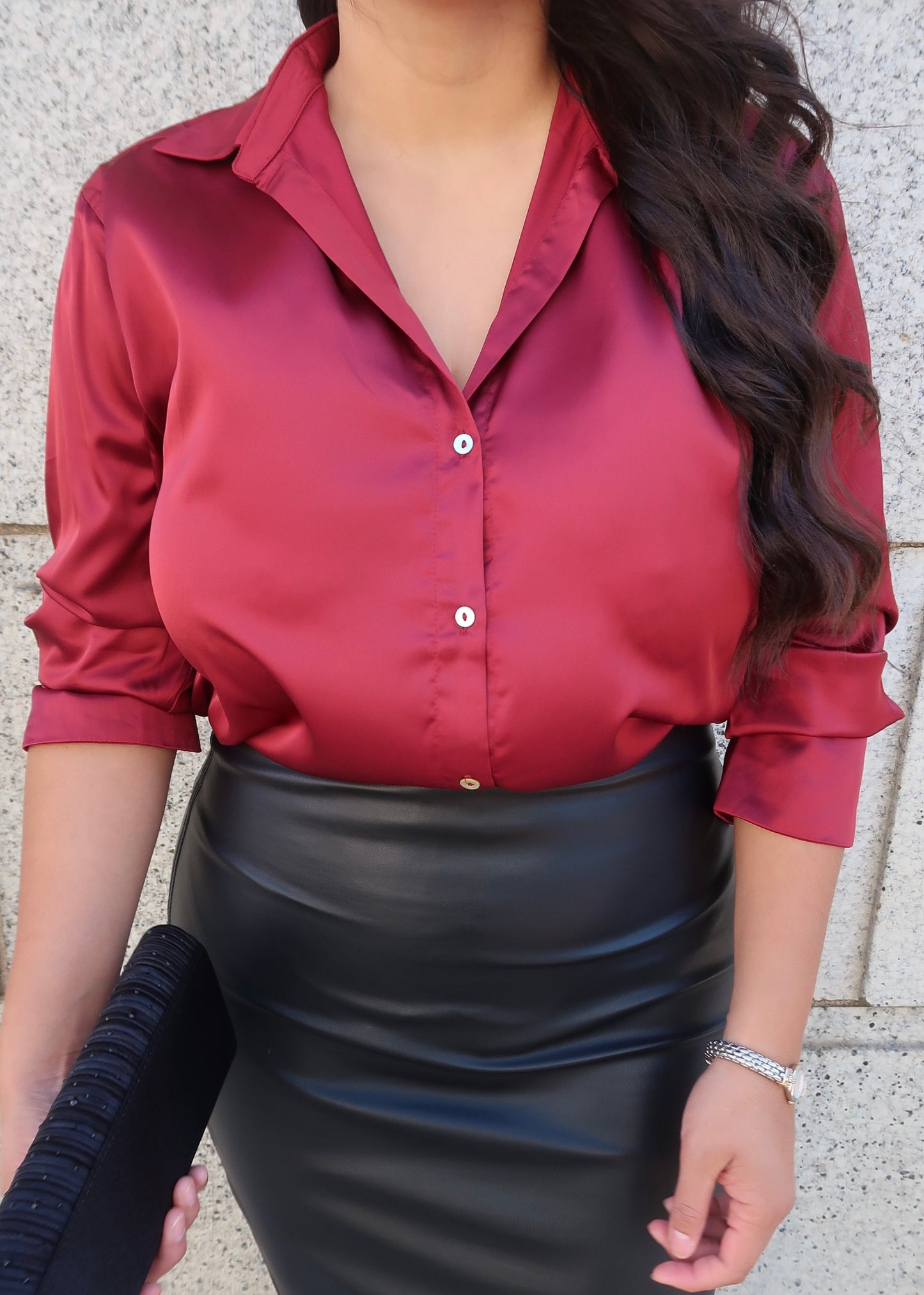 Burgundy long sleeve collared satin blouse