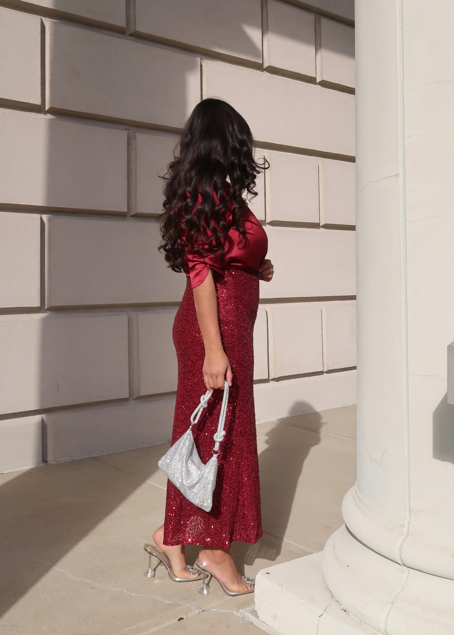 Burgundy maxi sequin skirt