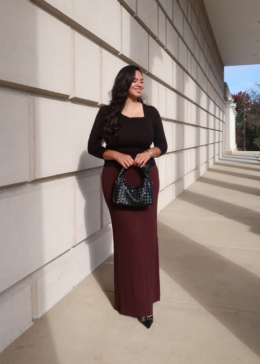 chocolate brown maxi ribbed knit skirt