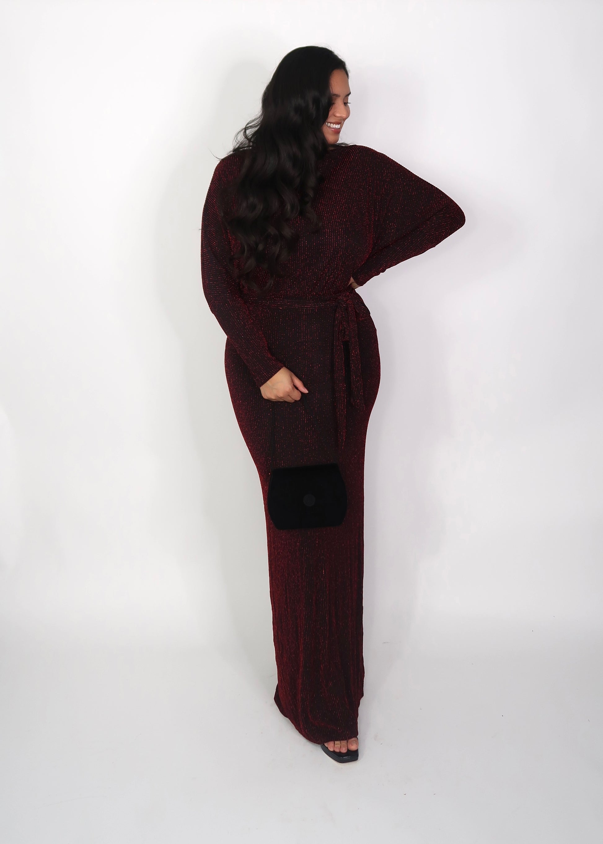 black red striped maxi floor length dress, dolman sleeves, long sleeves