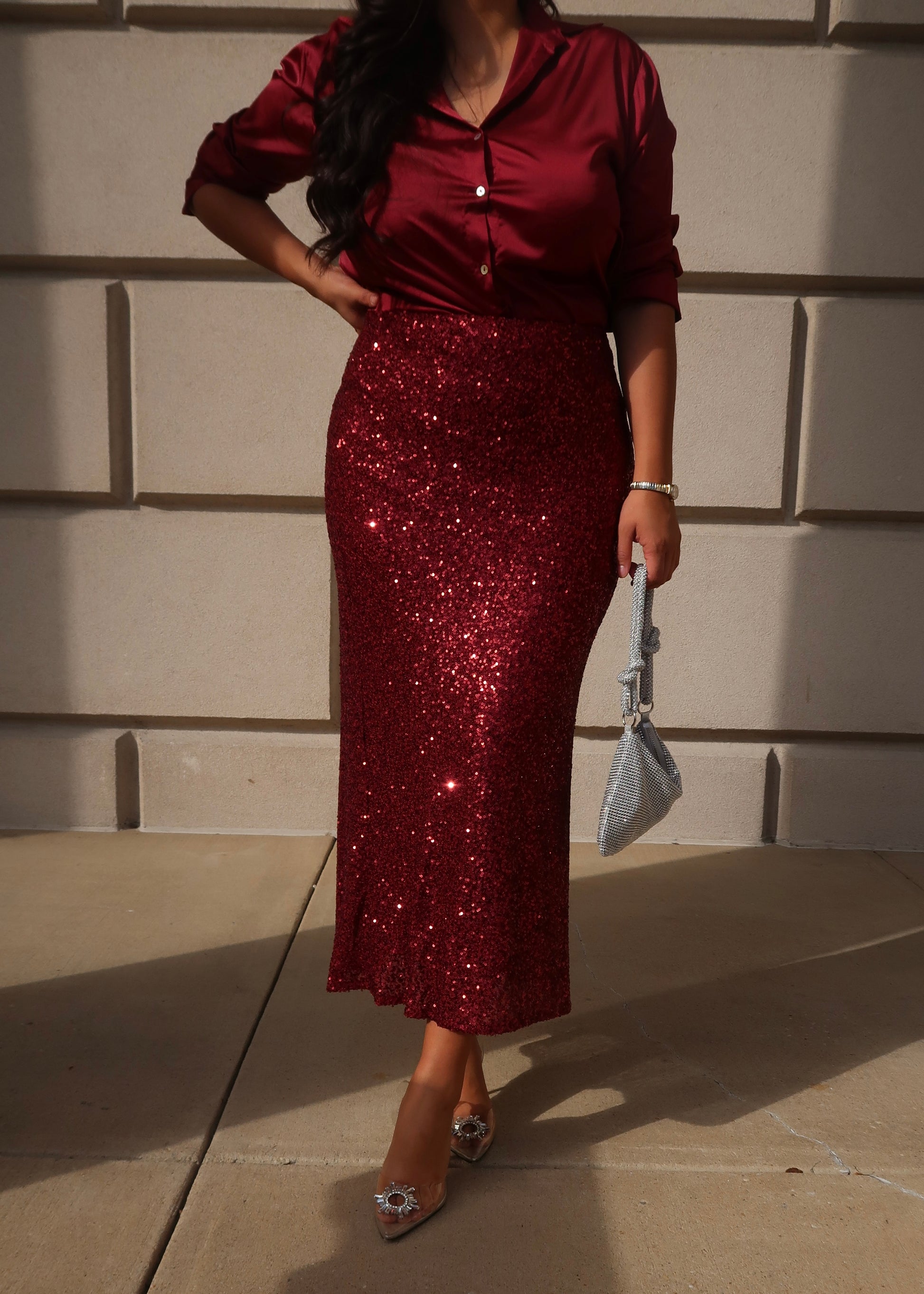 Burgundy maxi sequin skirt