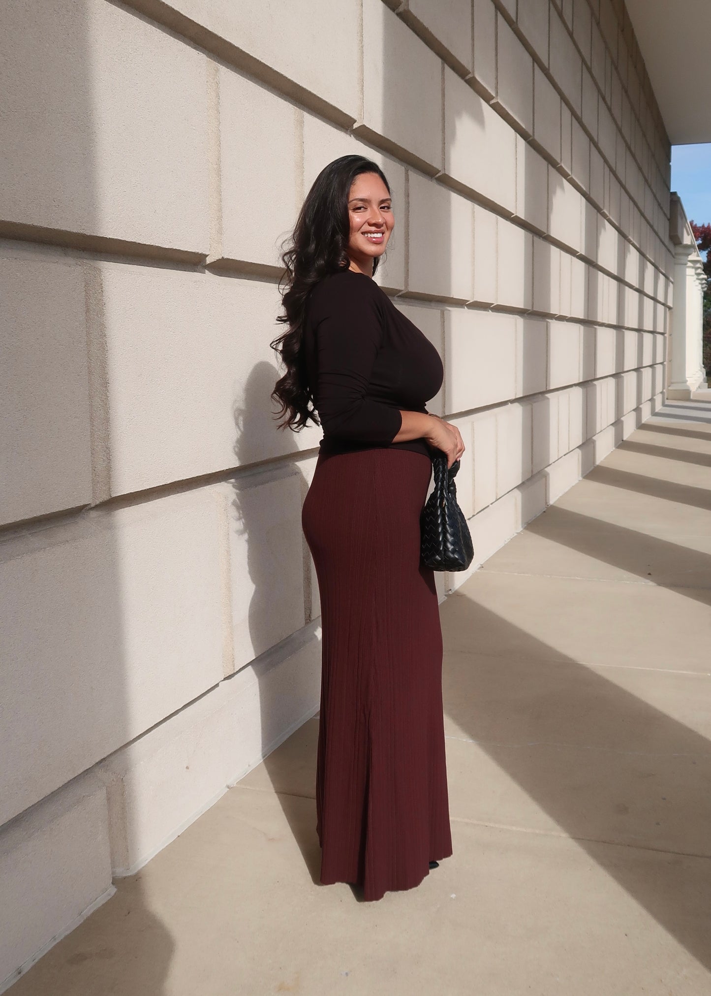 chocolate brown maxi ribbed knit skirt