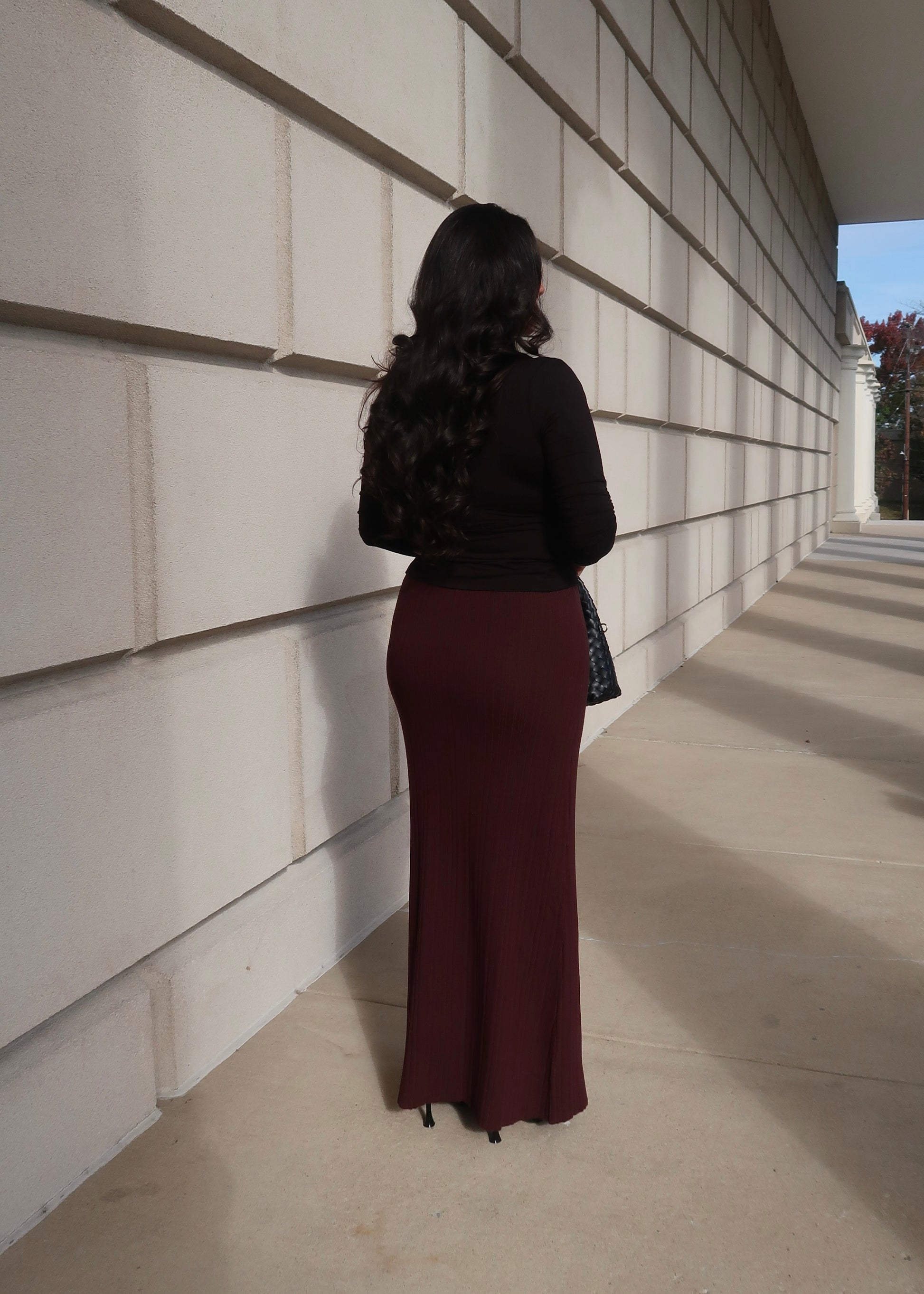 chocolate brown maxi ribbed knit skirt