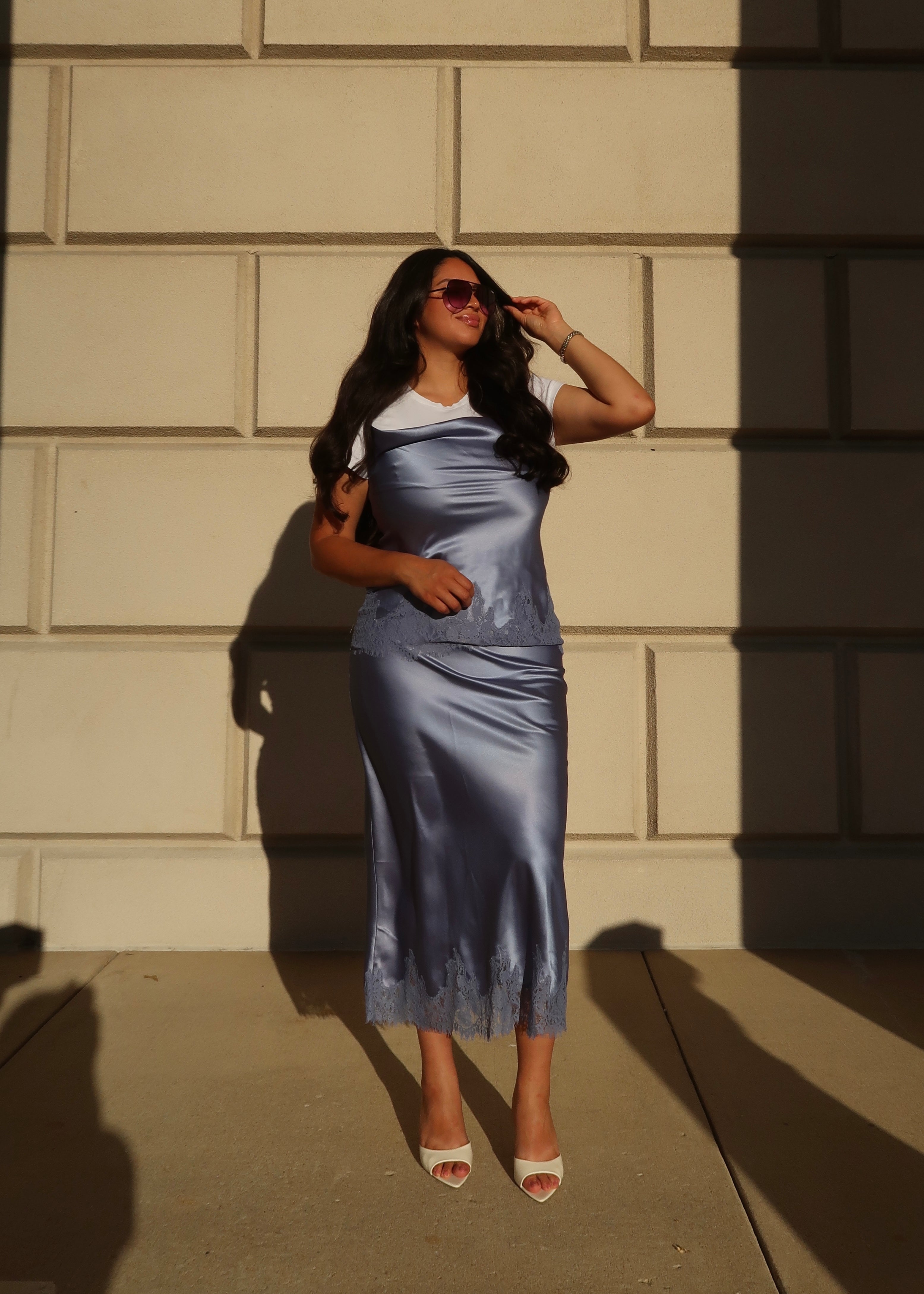 slate blue satin midi skirt, lace trim