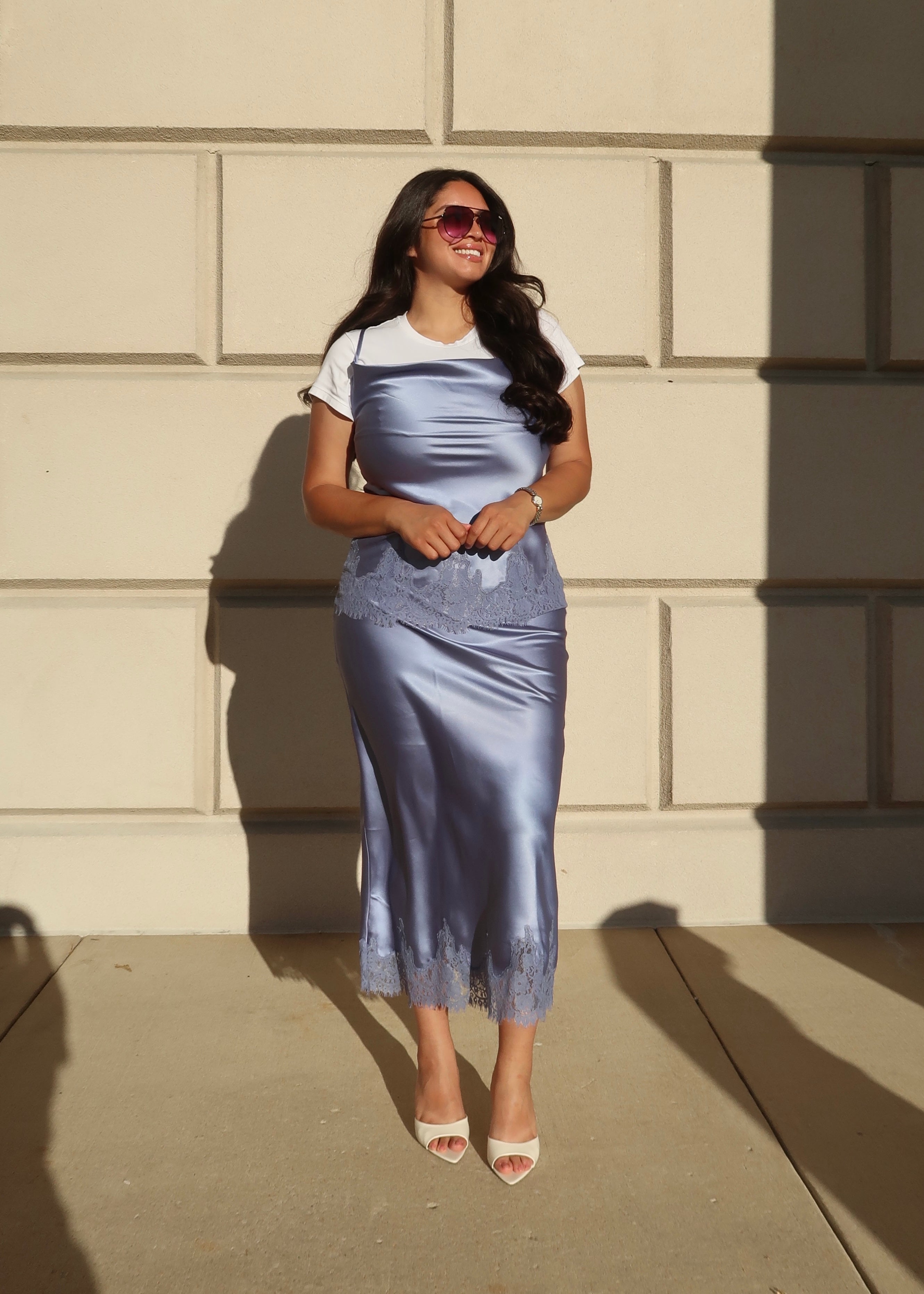 slate blue satin midi skirt, lace trim