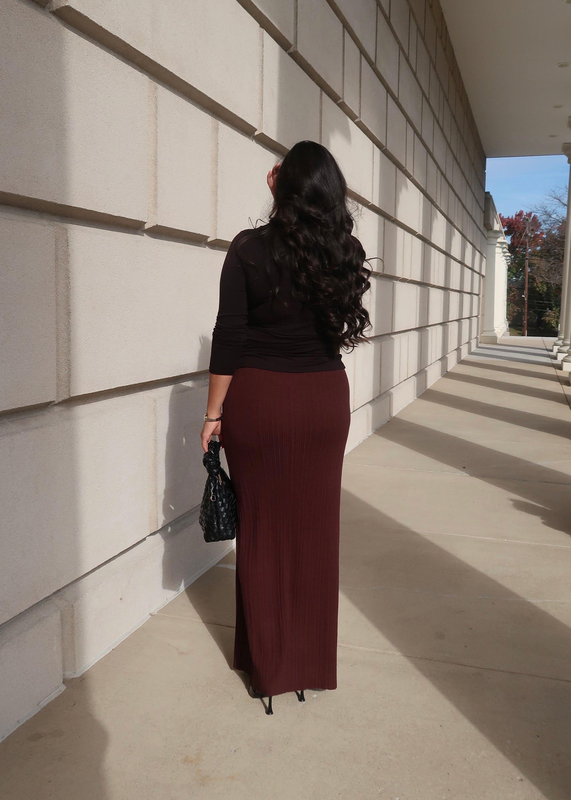 chocolate brown maxi ribbed knit skirt