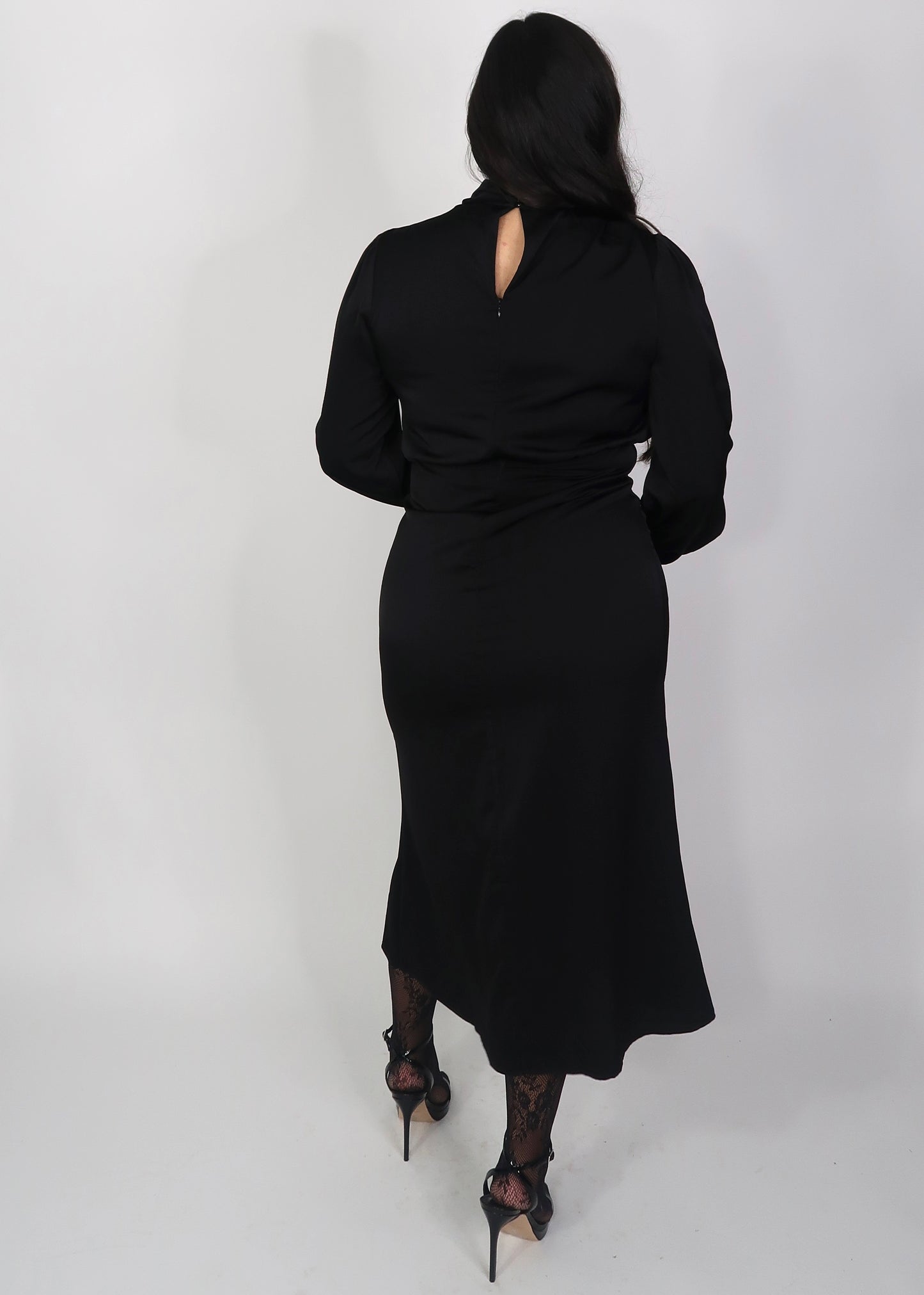 black satin mock neck long sleeve midi dress