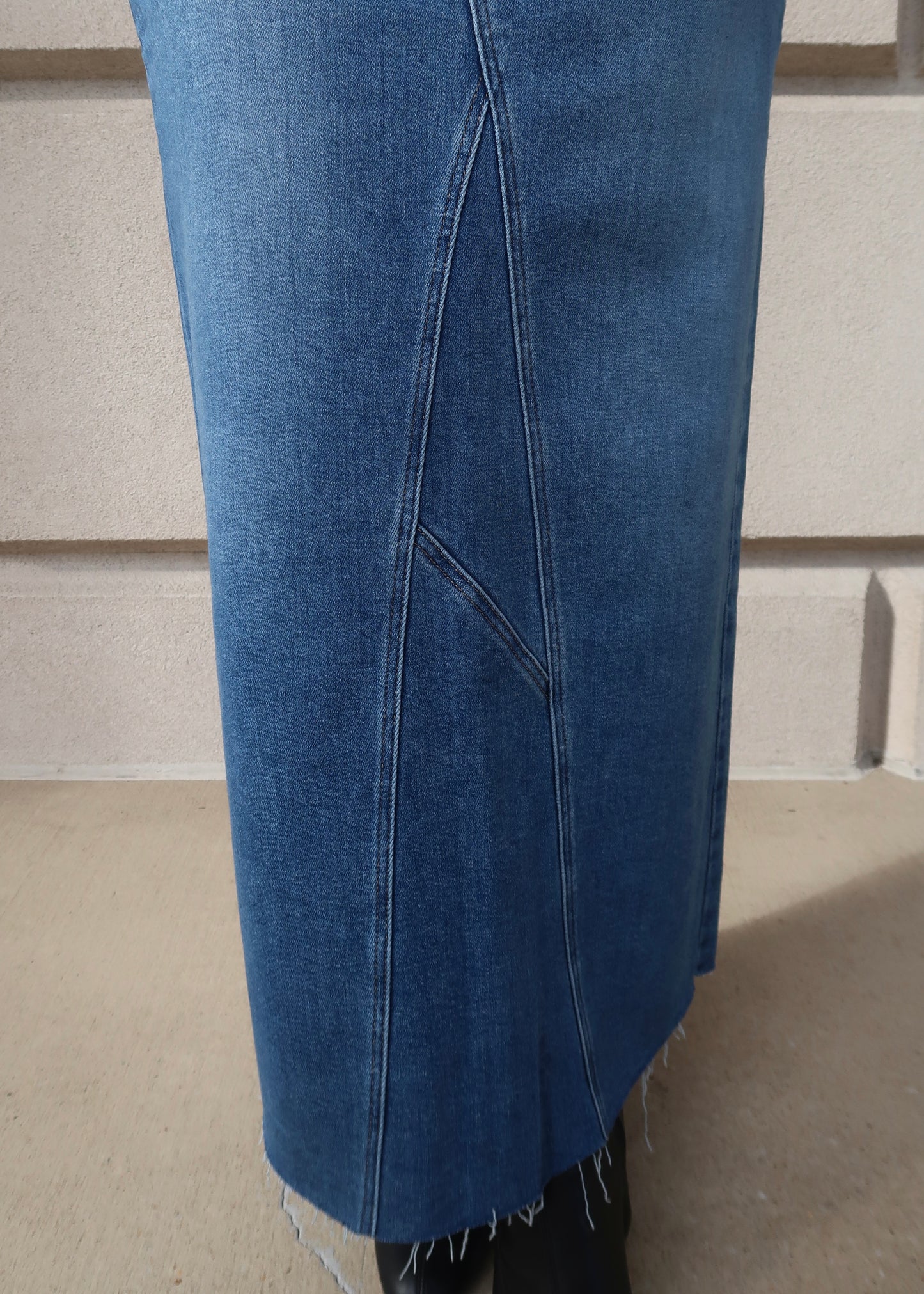 Blue denim wash maxi denim skirt, a-line, raw hem