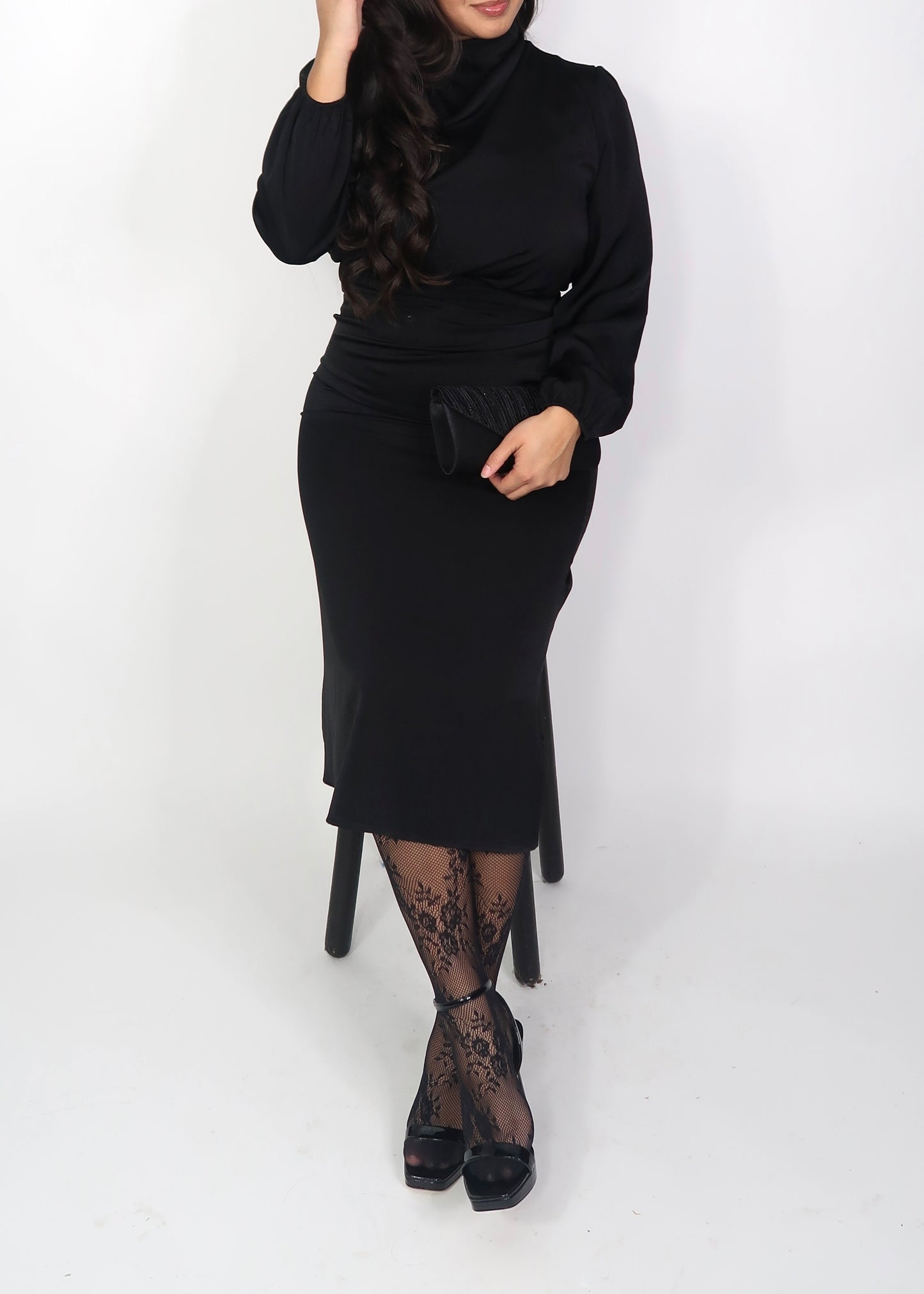 black satin mock neck long sleeve midi dress