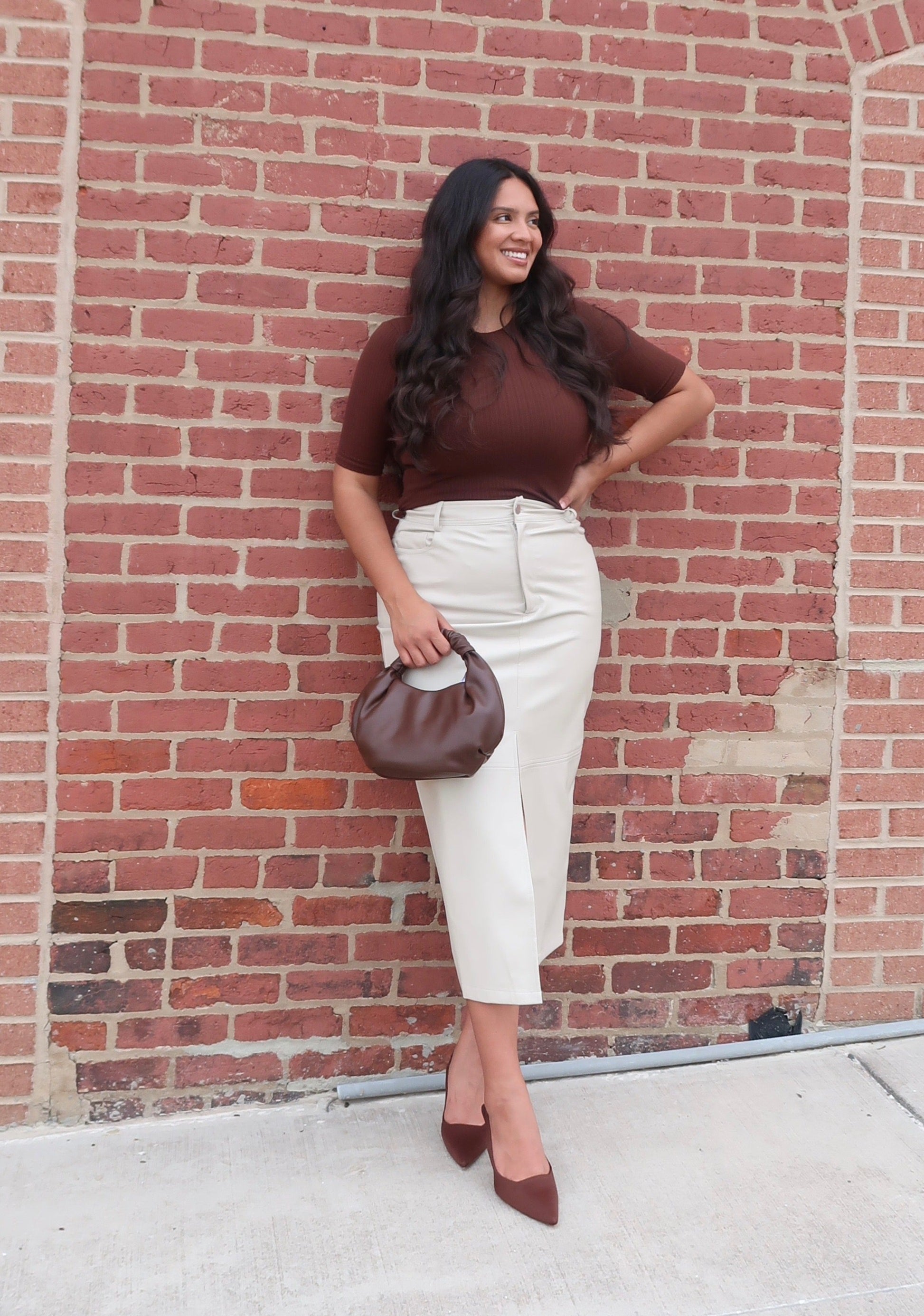 cream faux leather skirt, slit, maxi, midi 