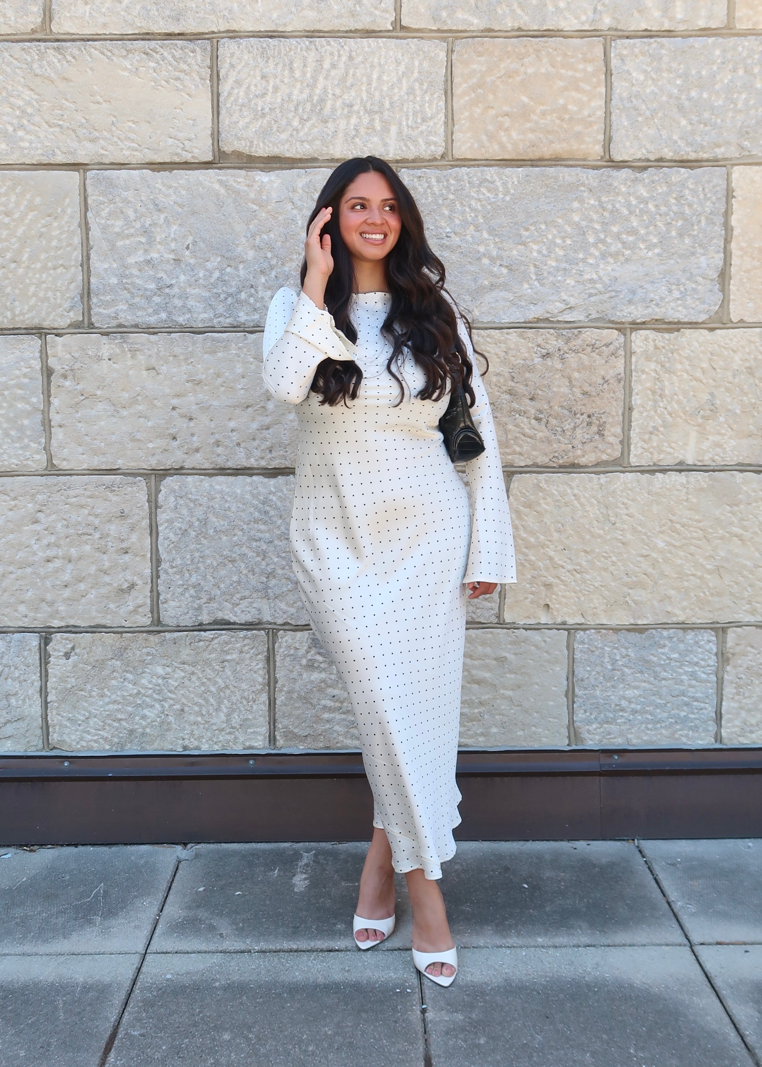 cream, white, satin, polka dot maxi dress, flare long sleeve