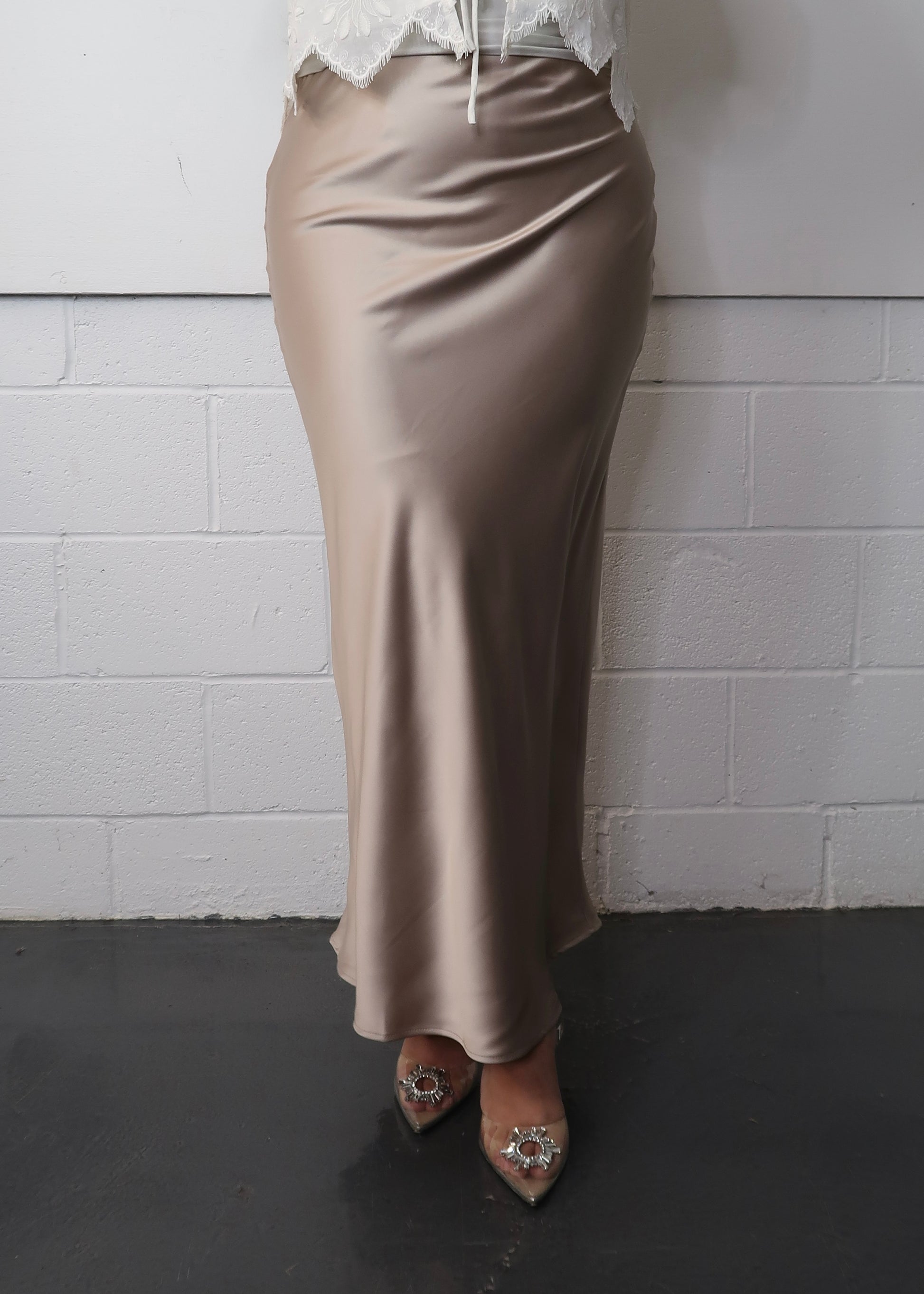 beige maxi satin skirt