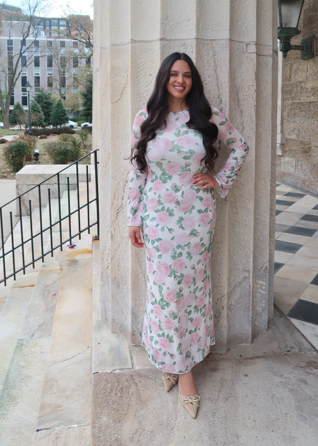 white cream floral pink maxi dress, flare sleeve, maxi length, high neck